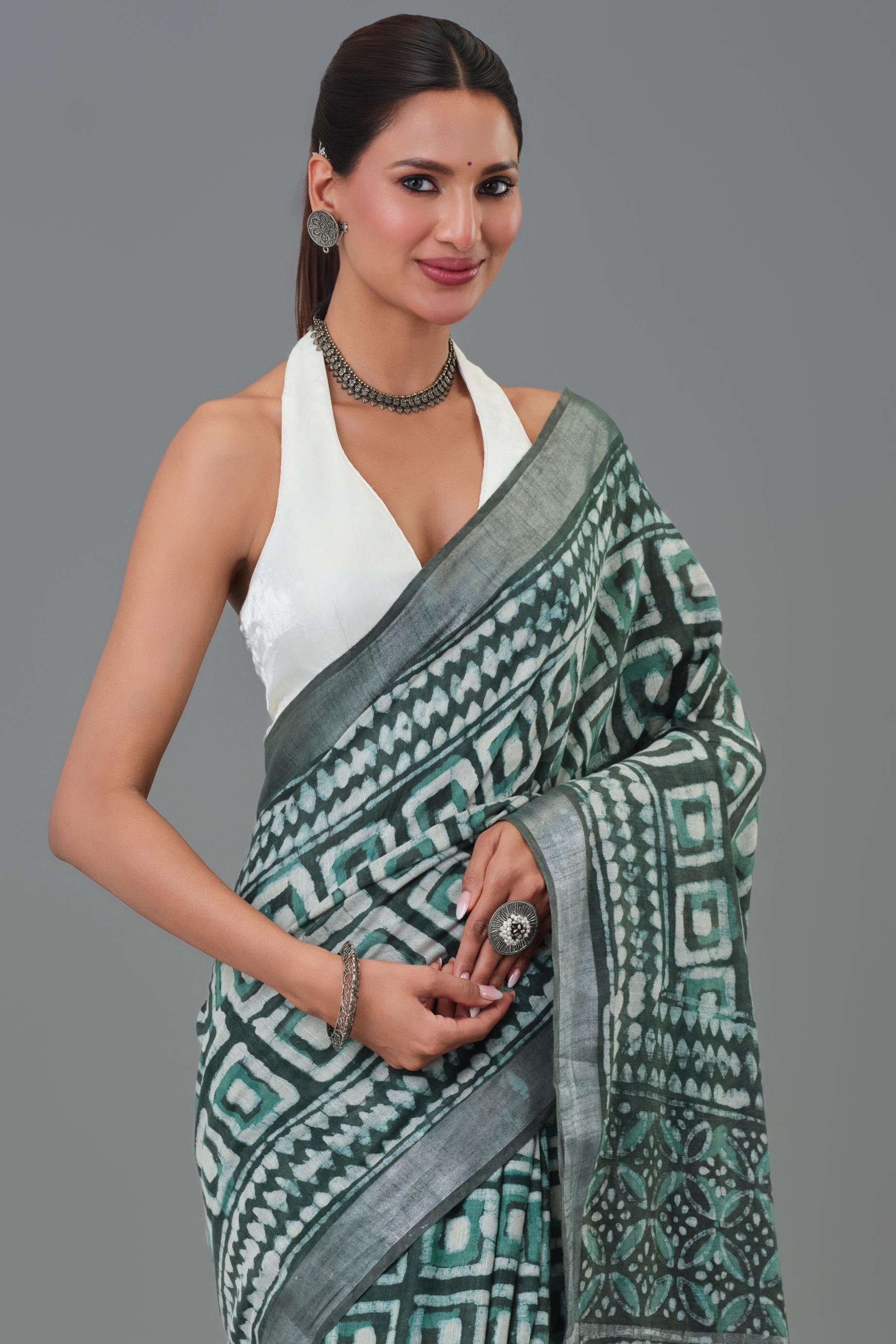 Teal Dabu Hand Block Printed Linen Saree