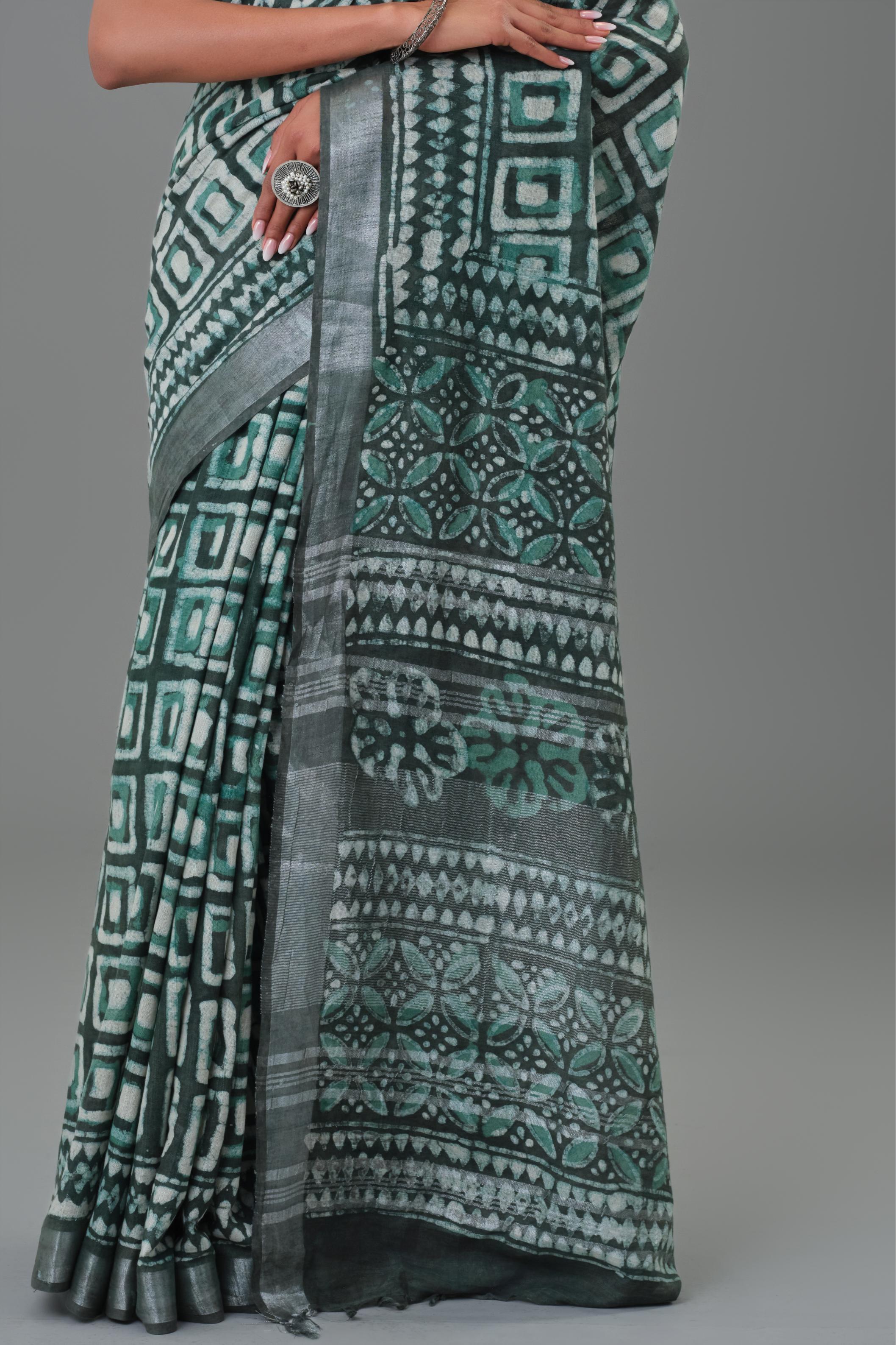 Teal Dabu Hand Block Printed Linen Saree