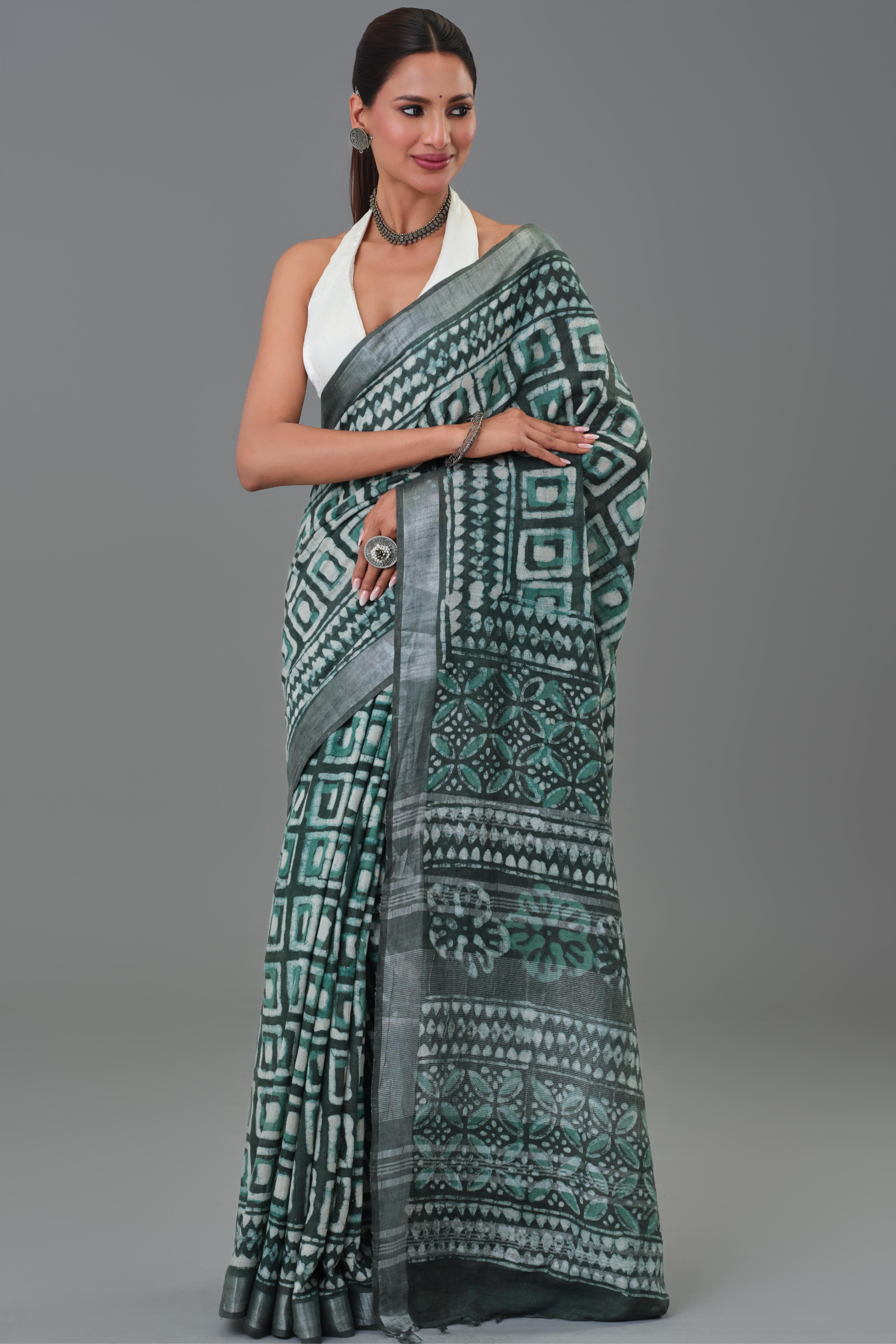 Teal Dabu Hand Block Printed Linen Saree