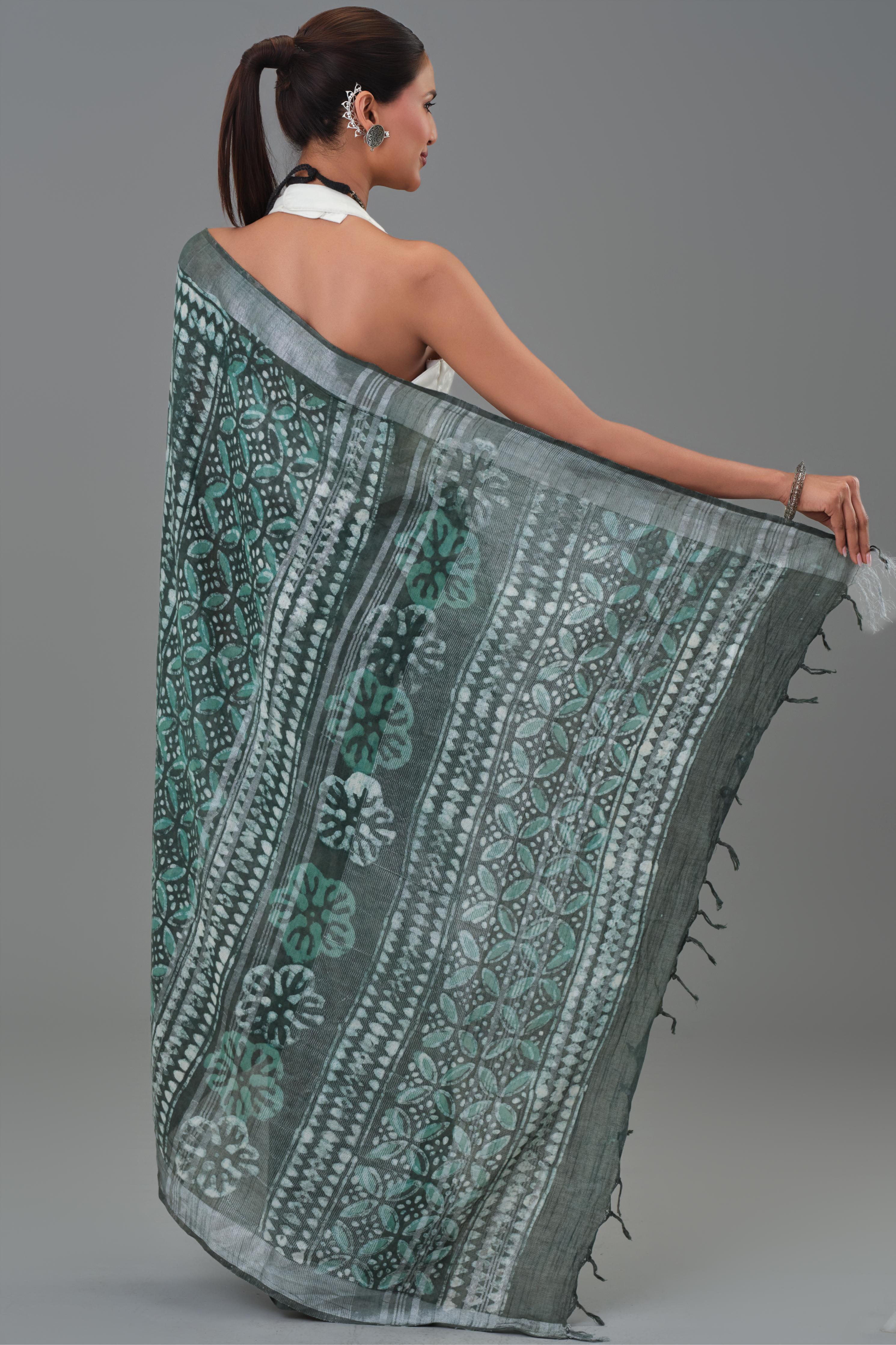 Teal Dabu Hand Block Printed Linen Saree