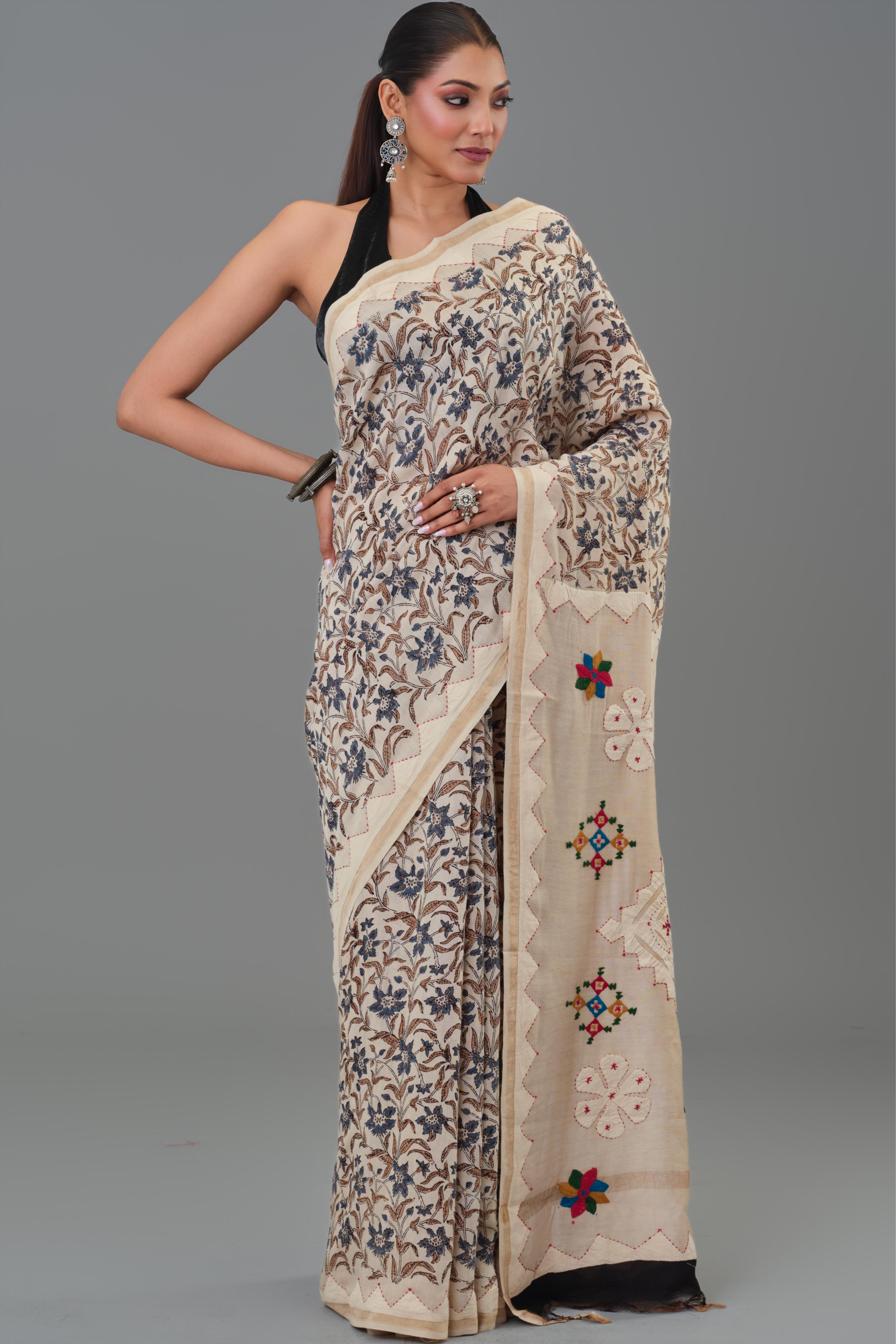 Beige Kantha Handwork Chanderi Silk Saree