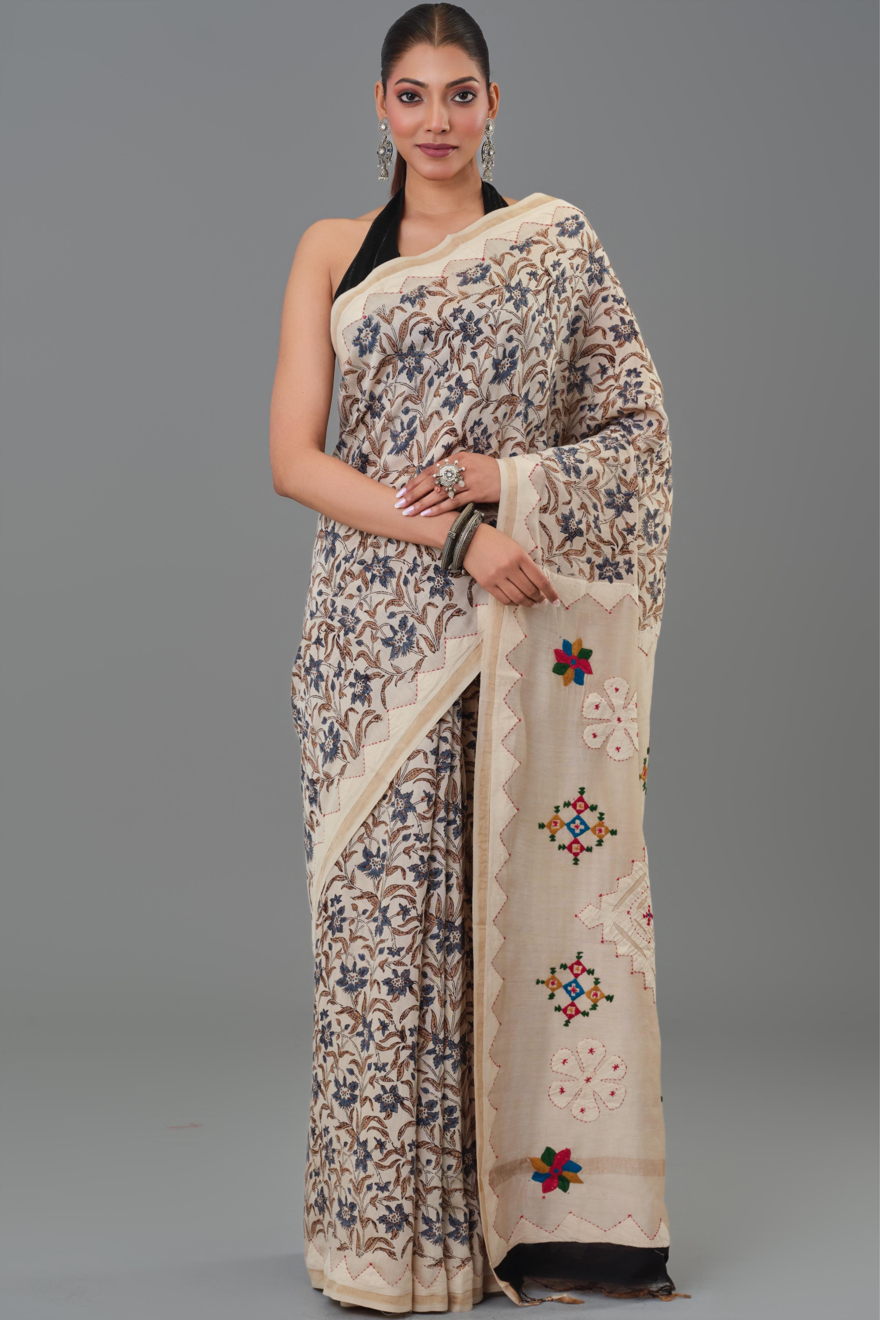Beige Kantha Handwork Chanderi Silk Saree