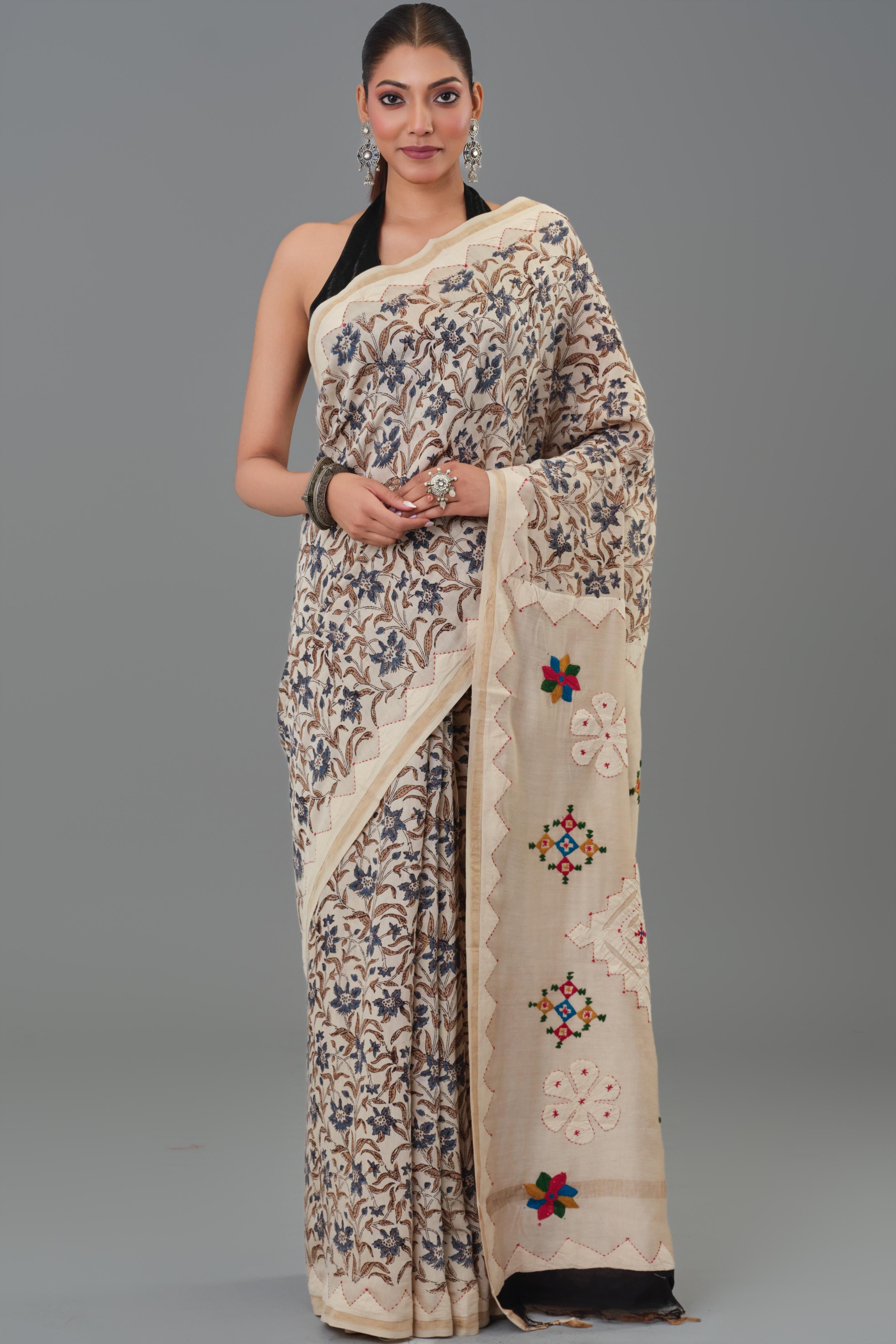 Beige Kantha Handwork Chanderi Silk Saree