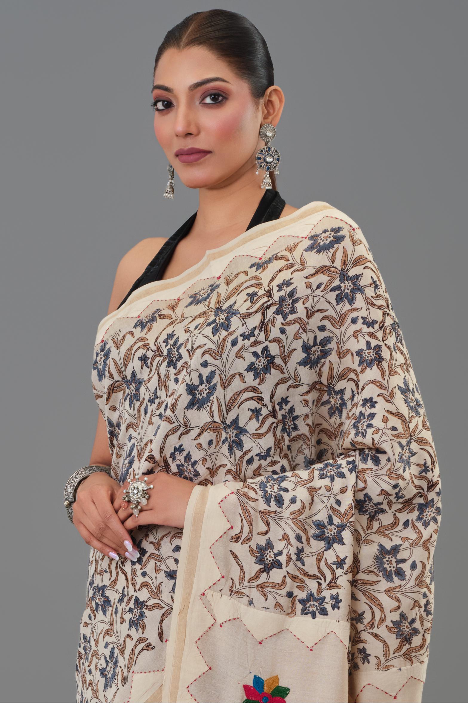 Beige Kantha Handwork Chanderi Silk Saree