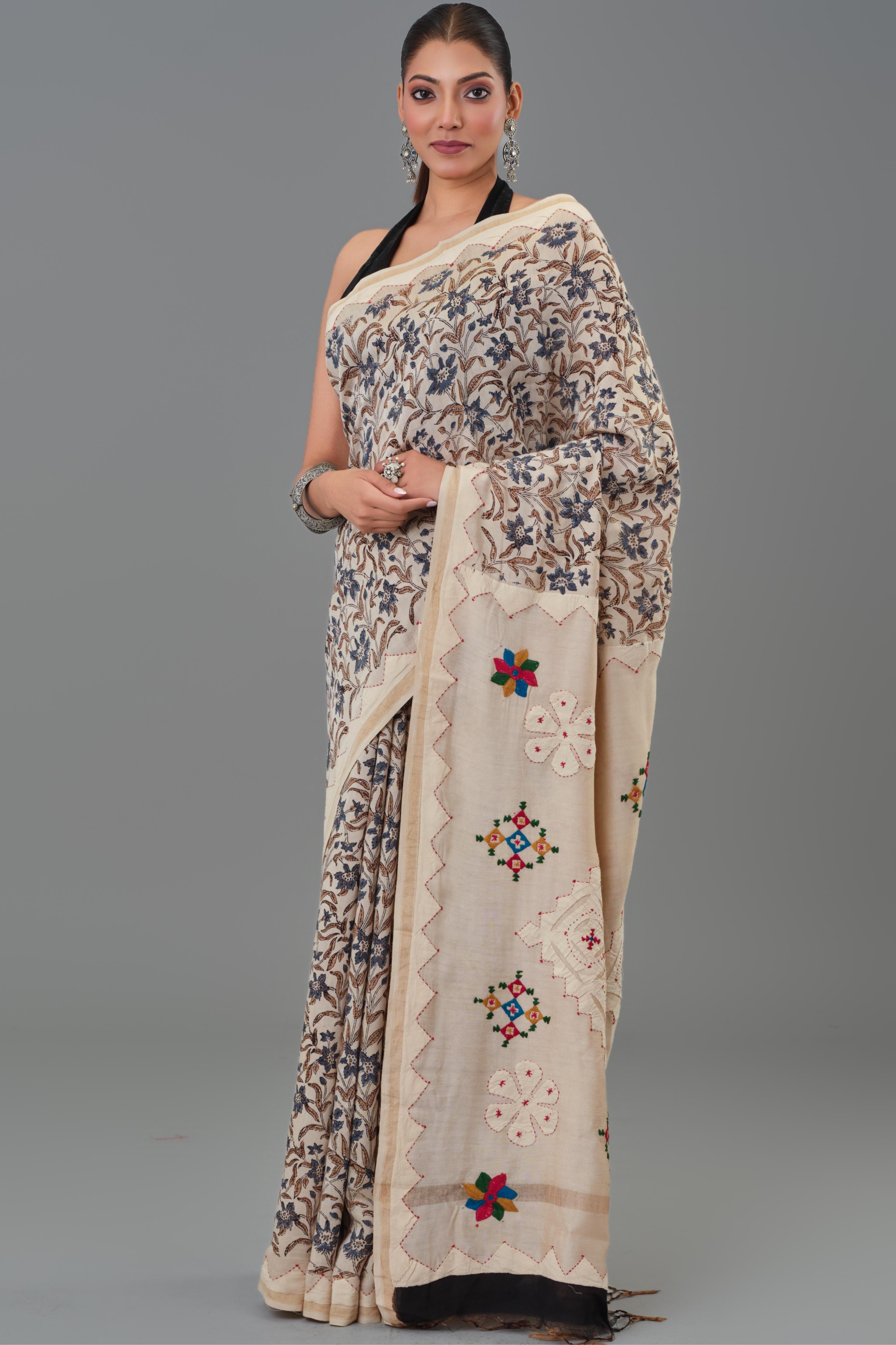 Beige Kantha Handwork Chanderi Silk Saree