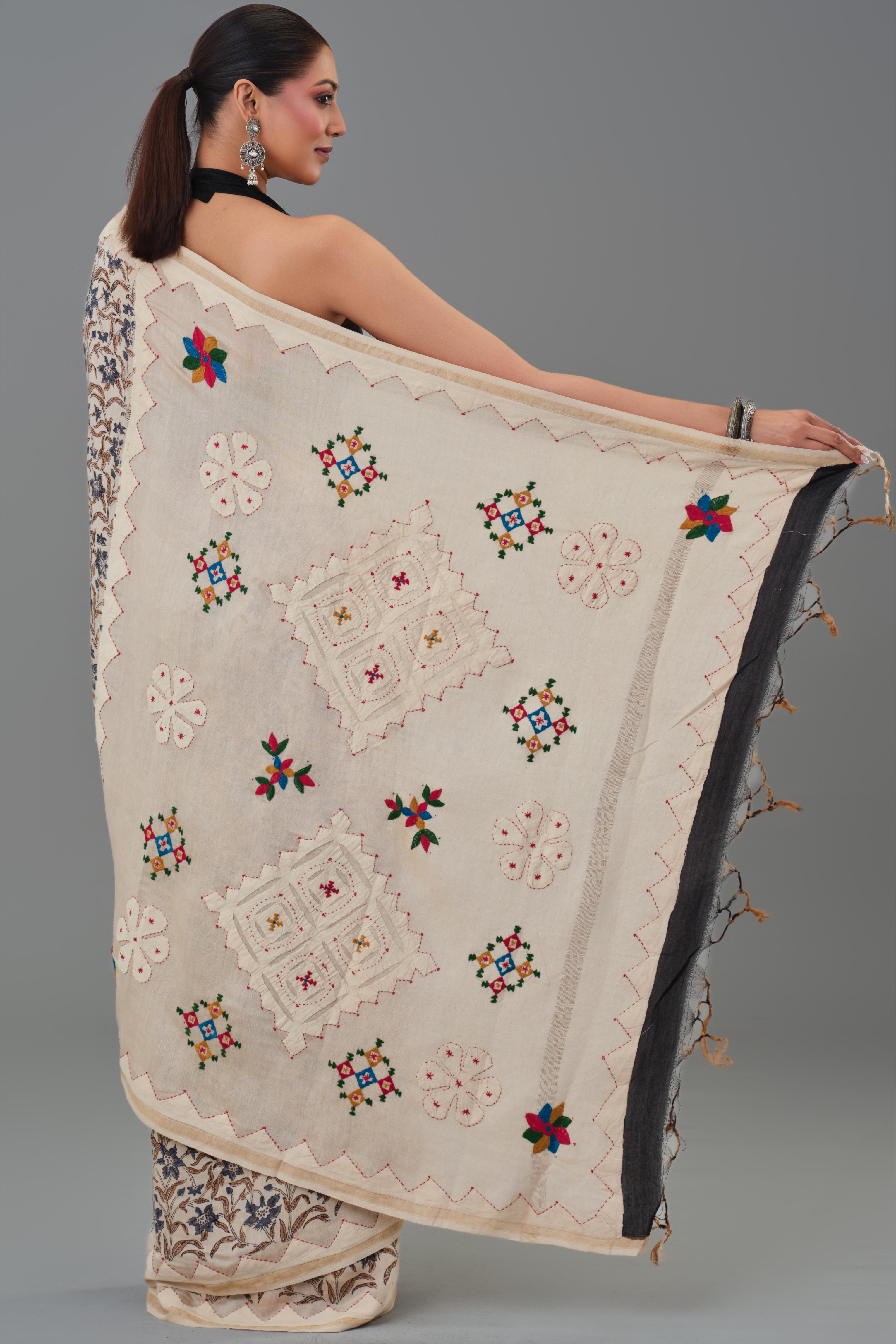Beige Kantha Handwork Chanderi Silk Saree
