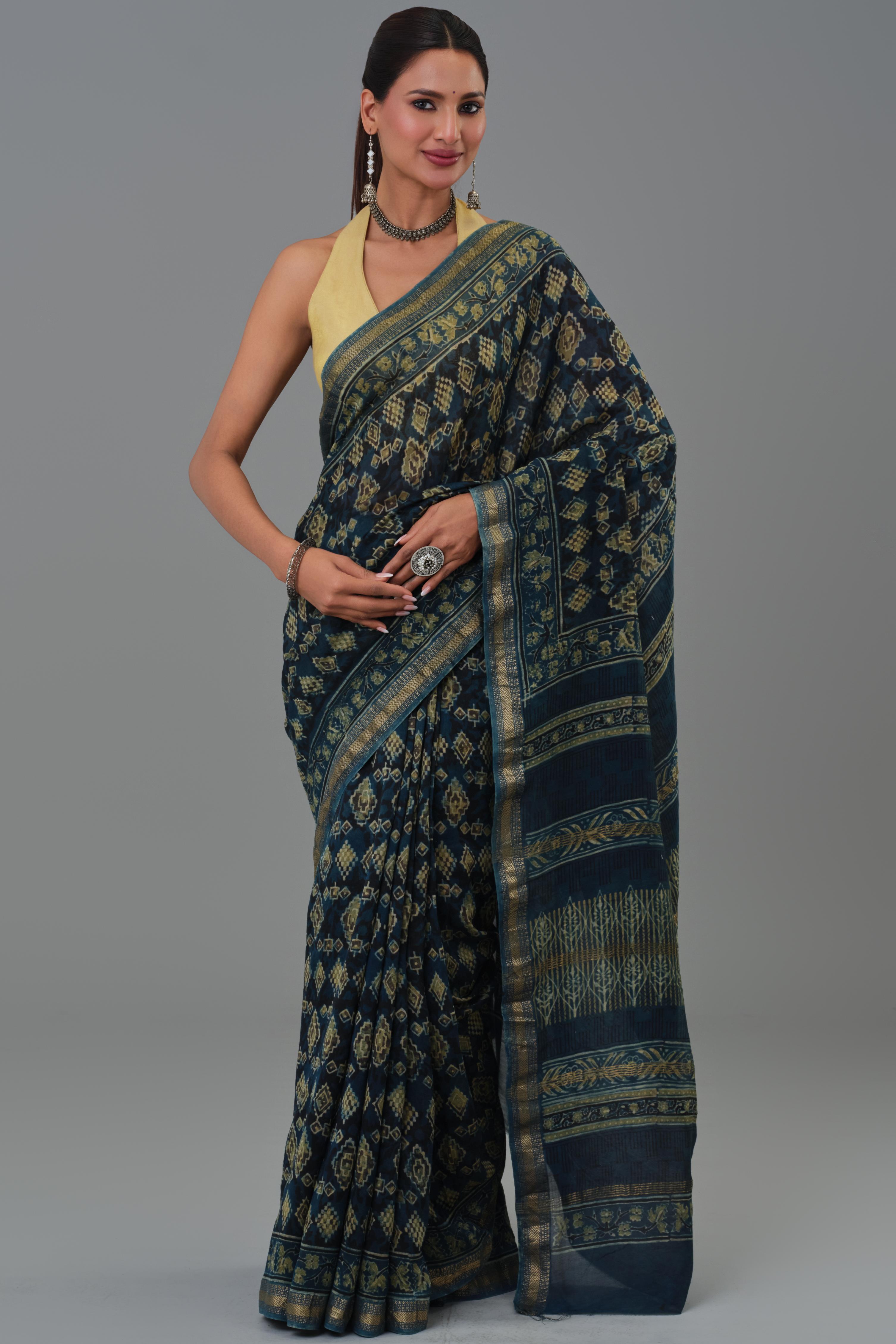 Teal Pure Desi Ajrakh Printed Saree