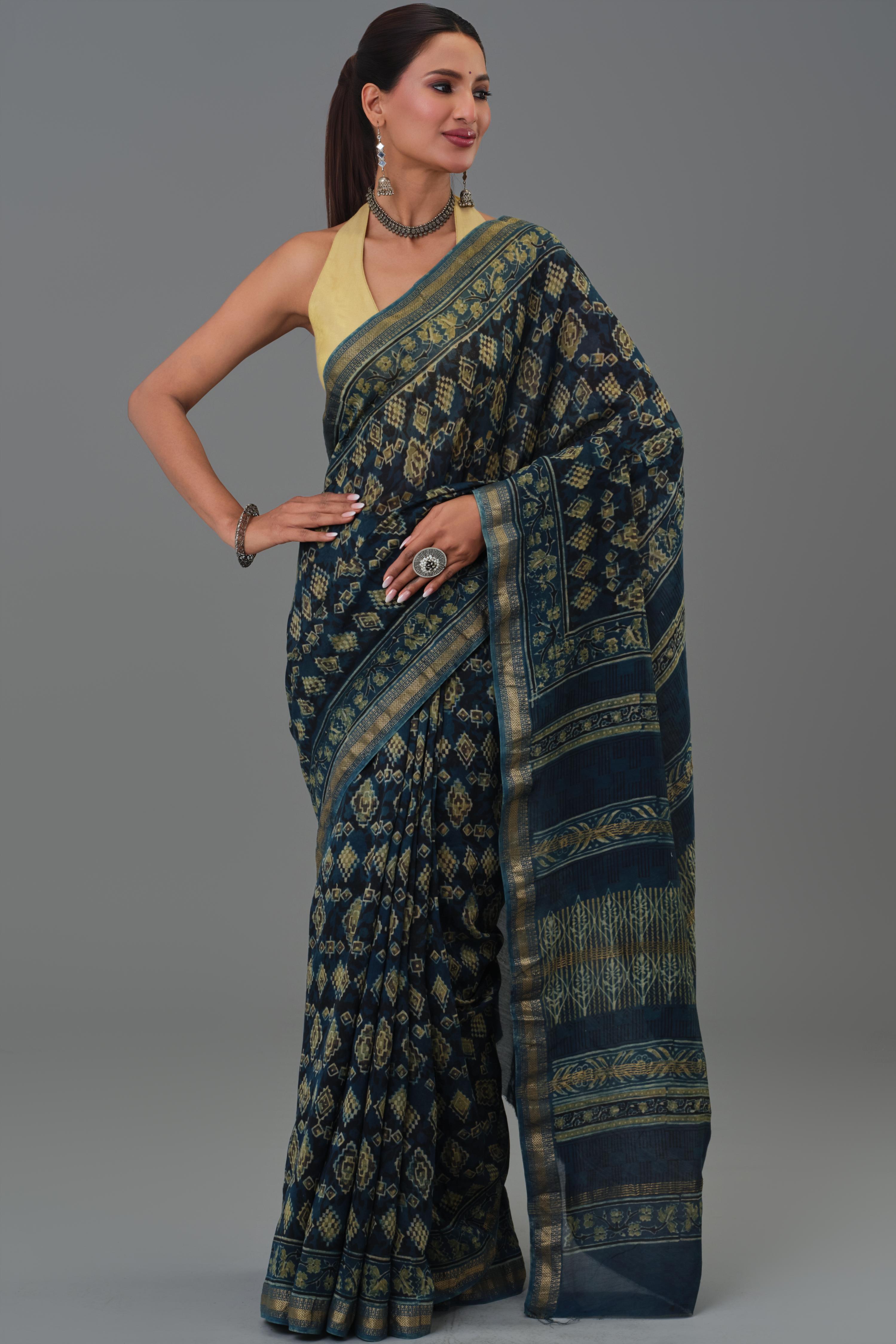 Teal Pure Desi Ajrakh Printed Saree