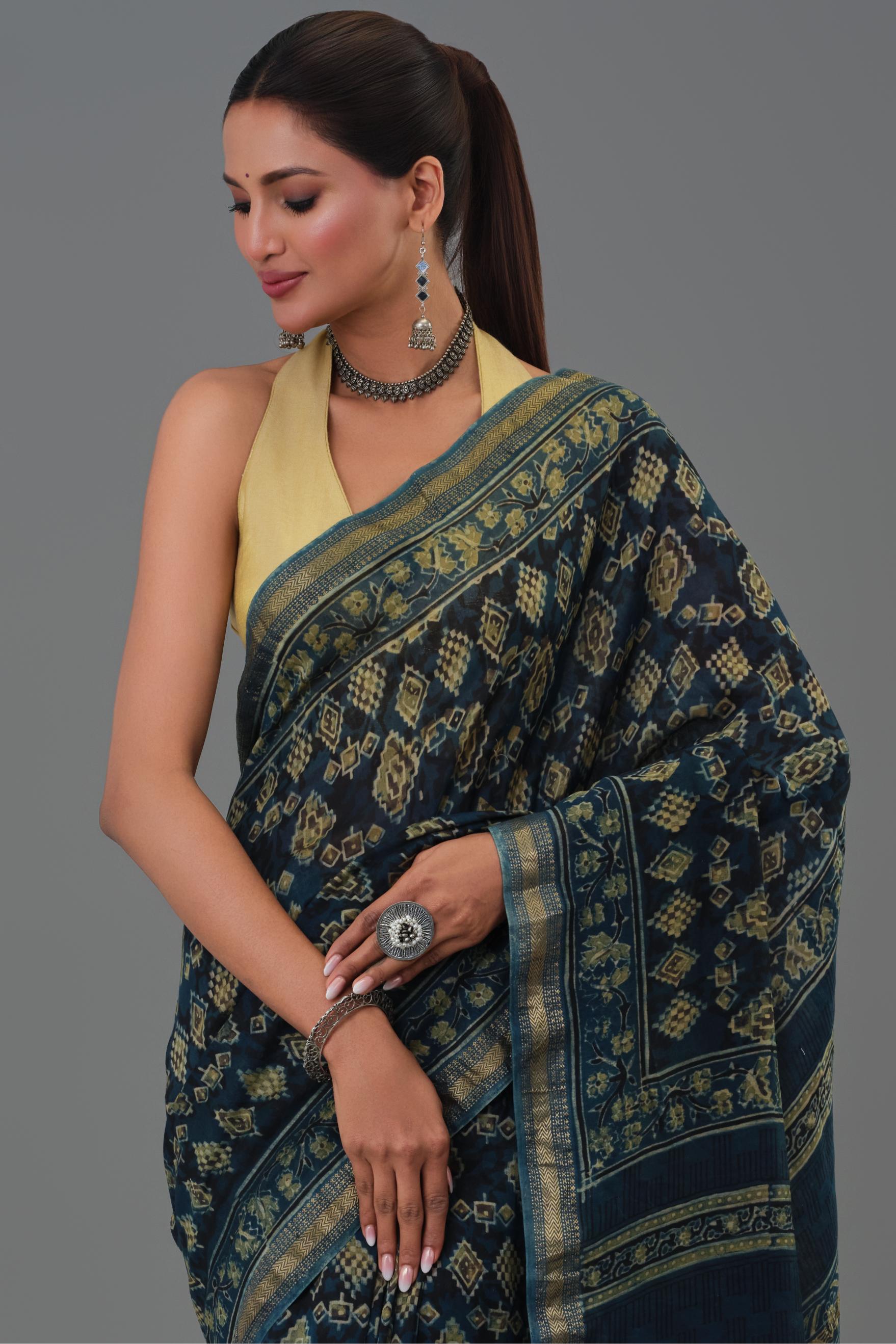 Teal Pure Desi Ajrakh Printed Saree