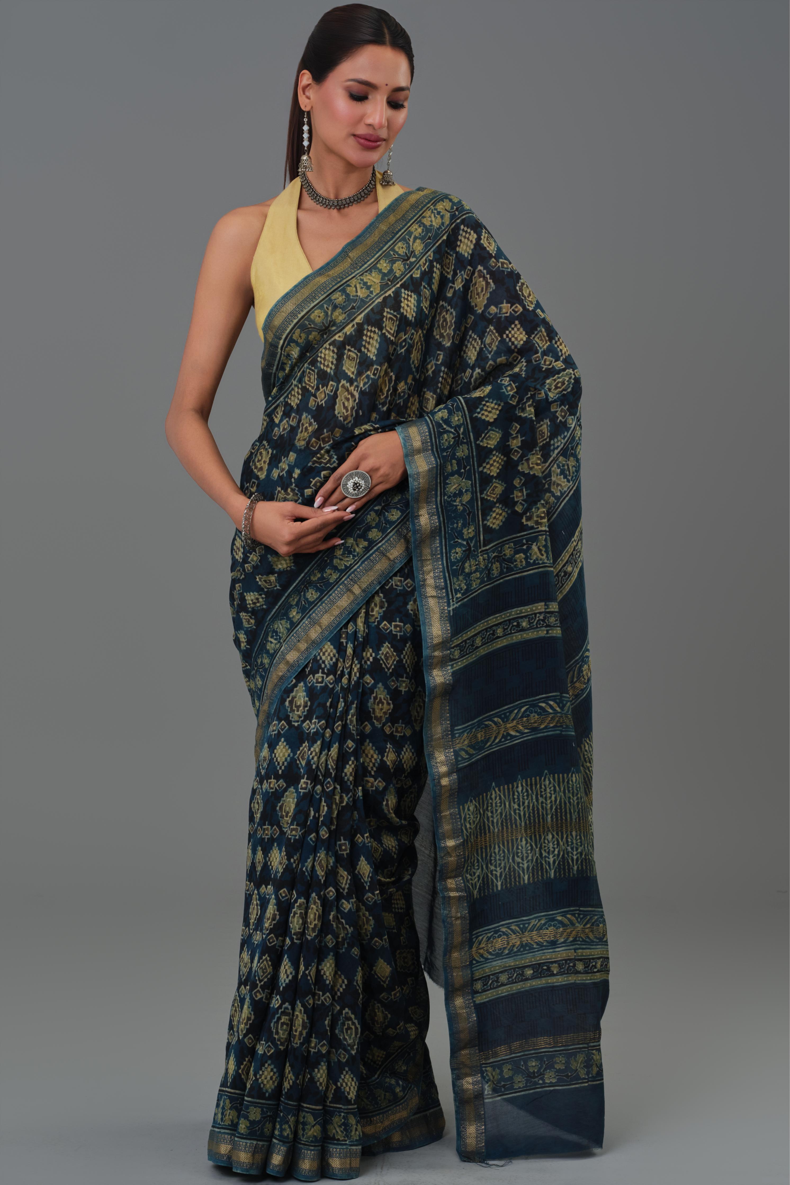 Teal Pure Desi Ajrakh Printed Saree