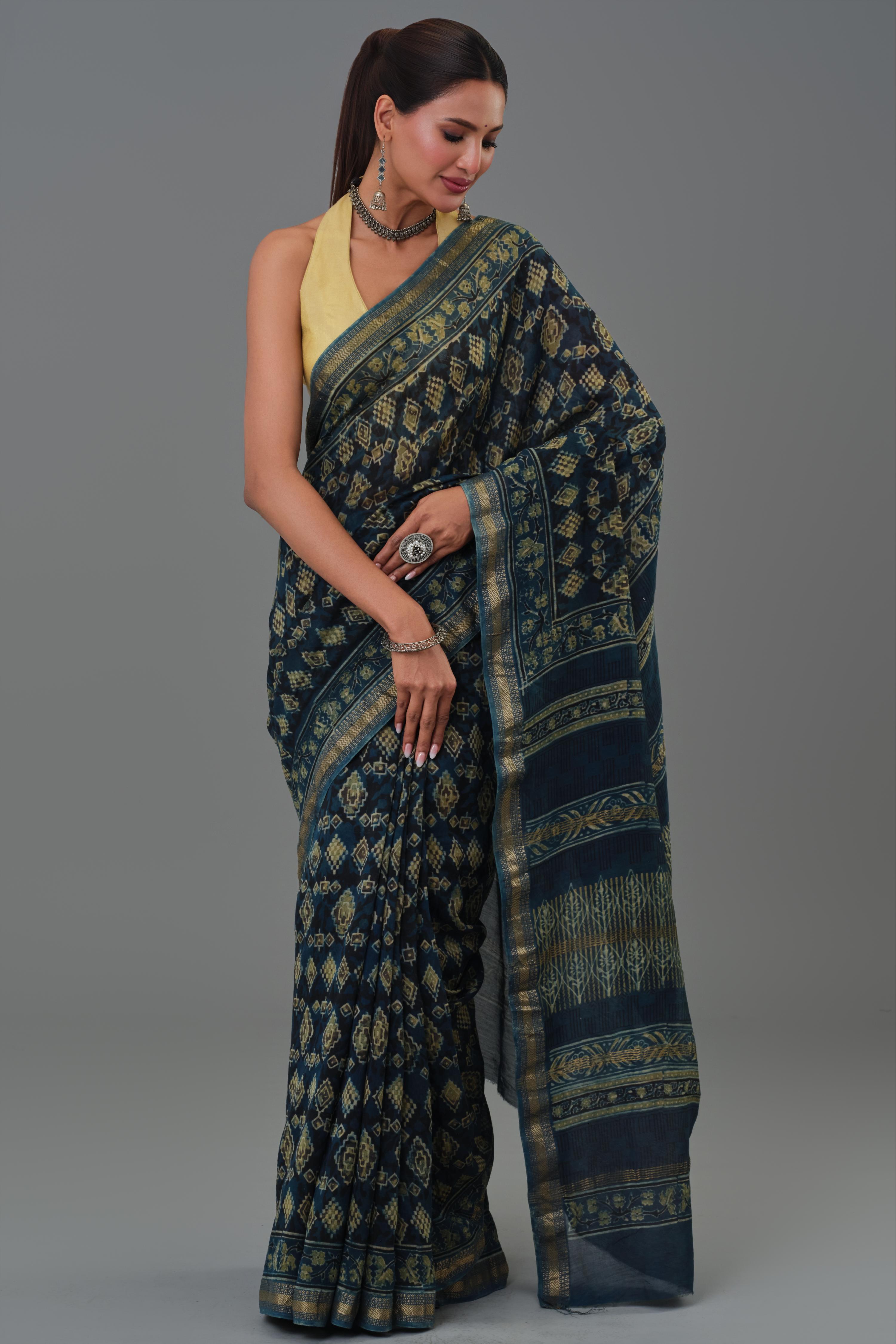 Teal Pure Desi Ajrakh Printed Saree