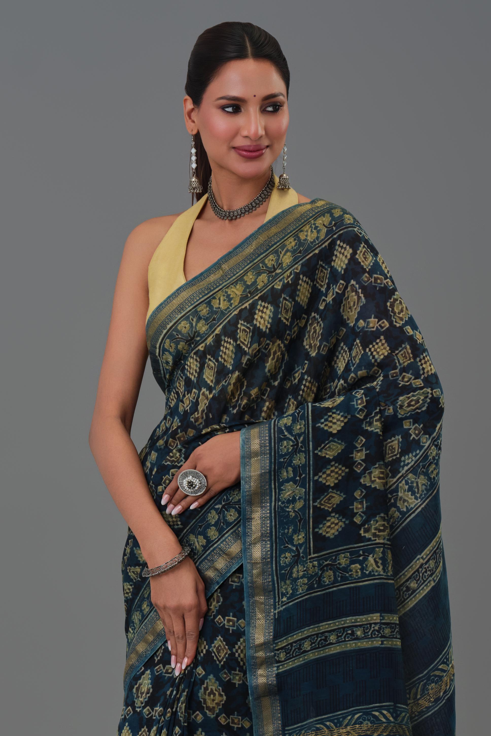 Teal Pure Desi Ajrakh Printed Saree