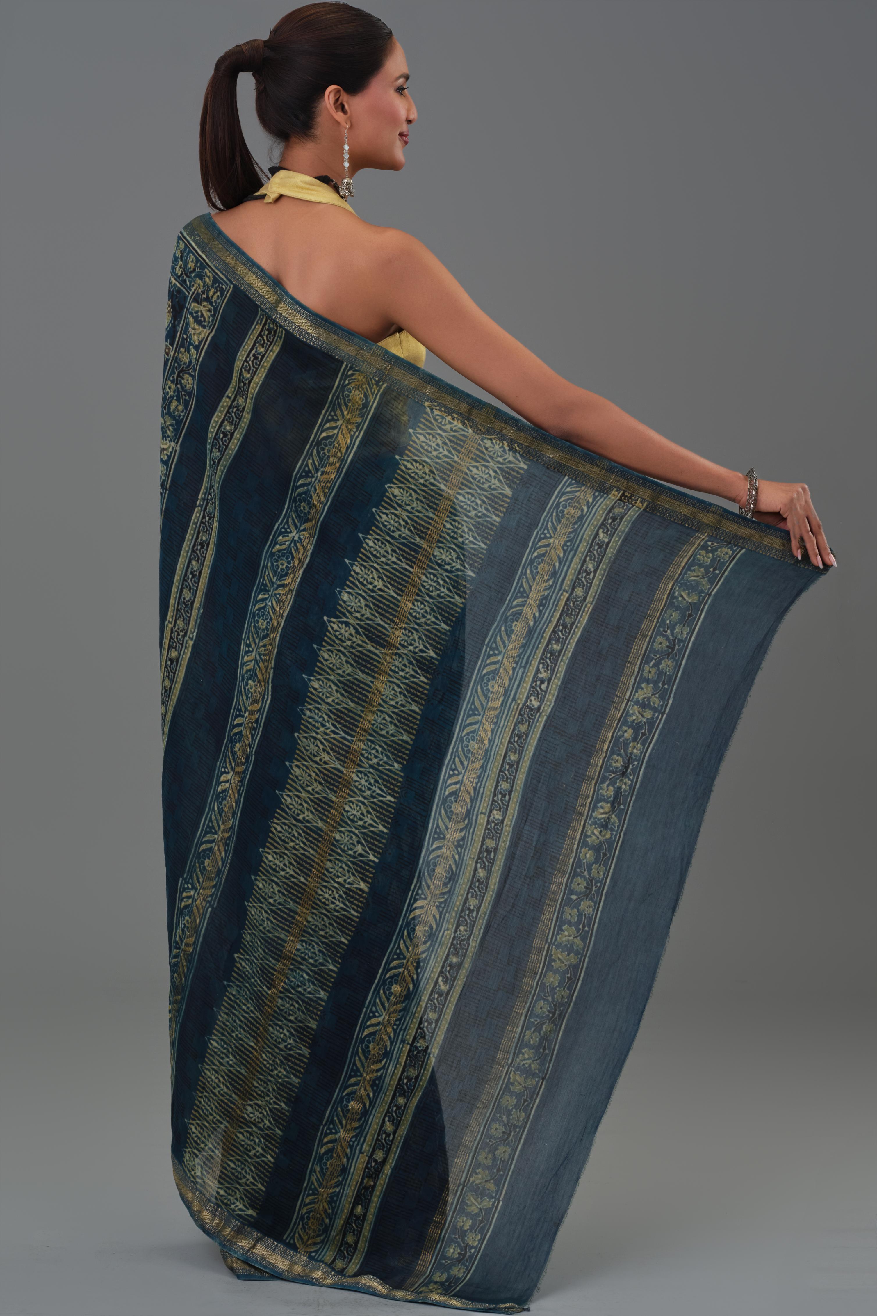 Teal Pure Desi Ajrakh Printed Saree