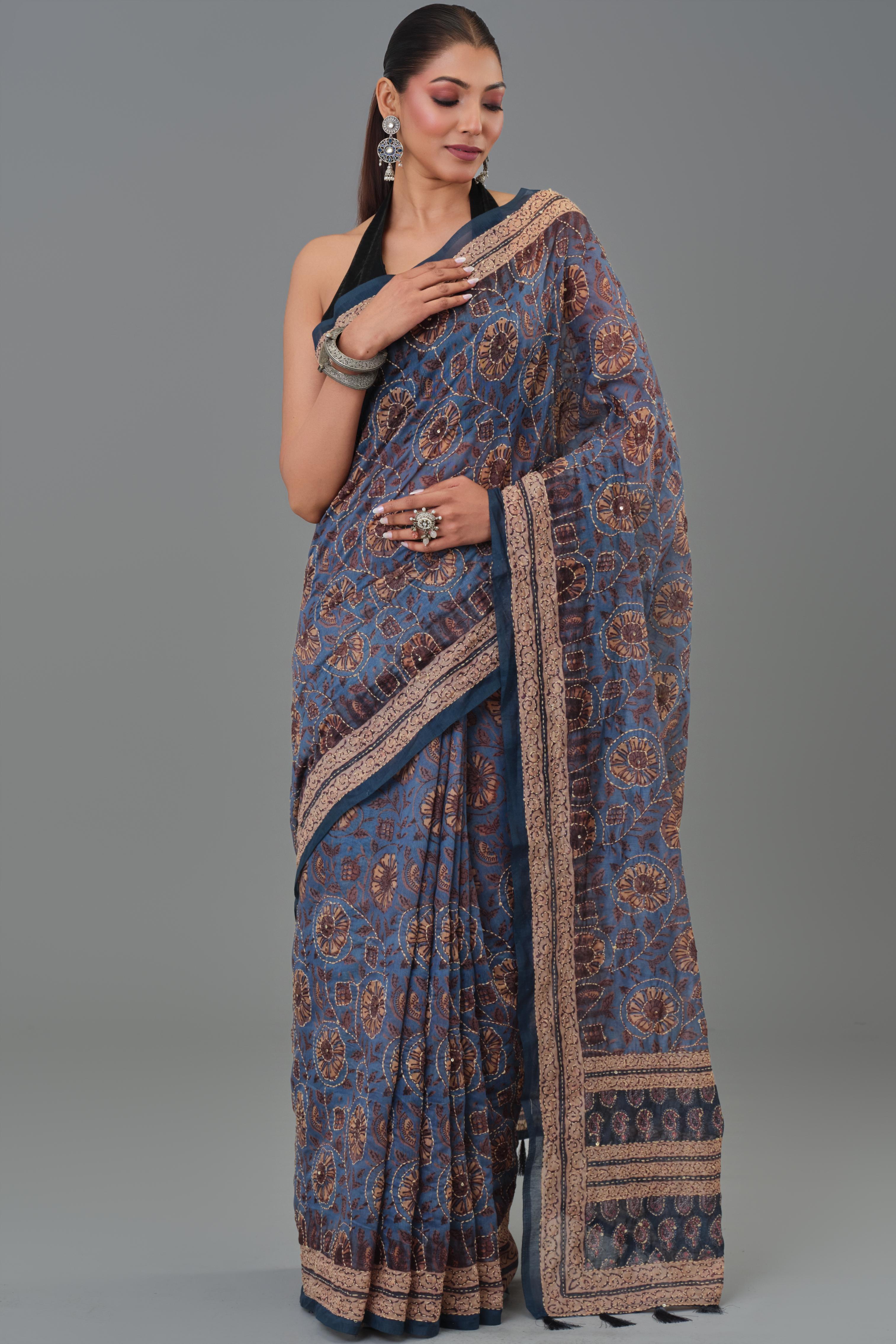 Blue Kantha Handwork Chanderi Silk Saree