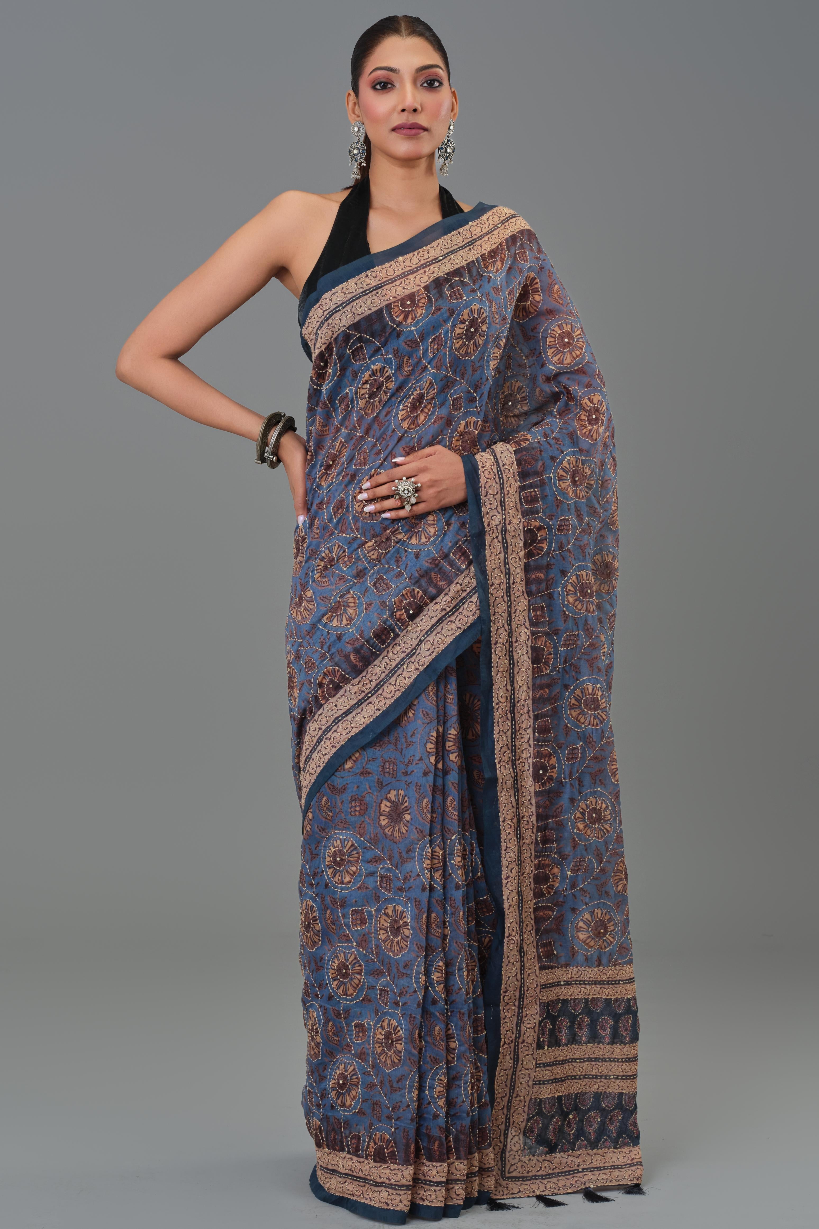 Blue Kantha Handwork Chanderi Silk Saree