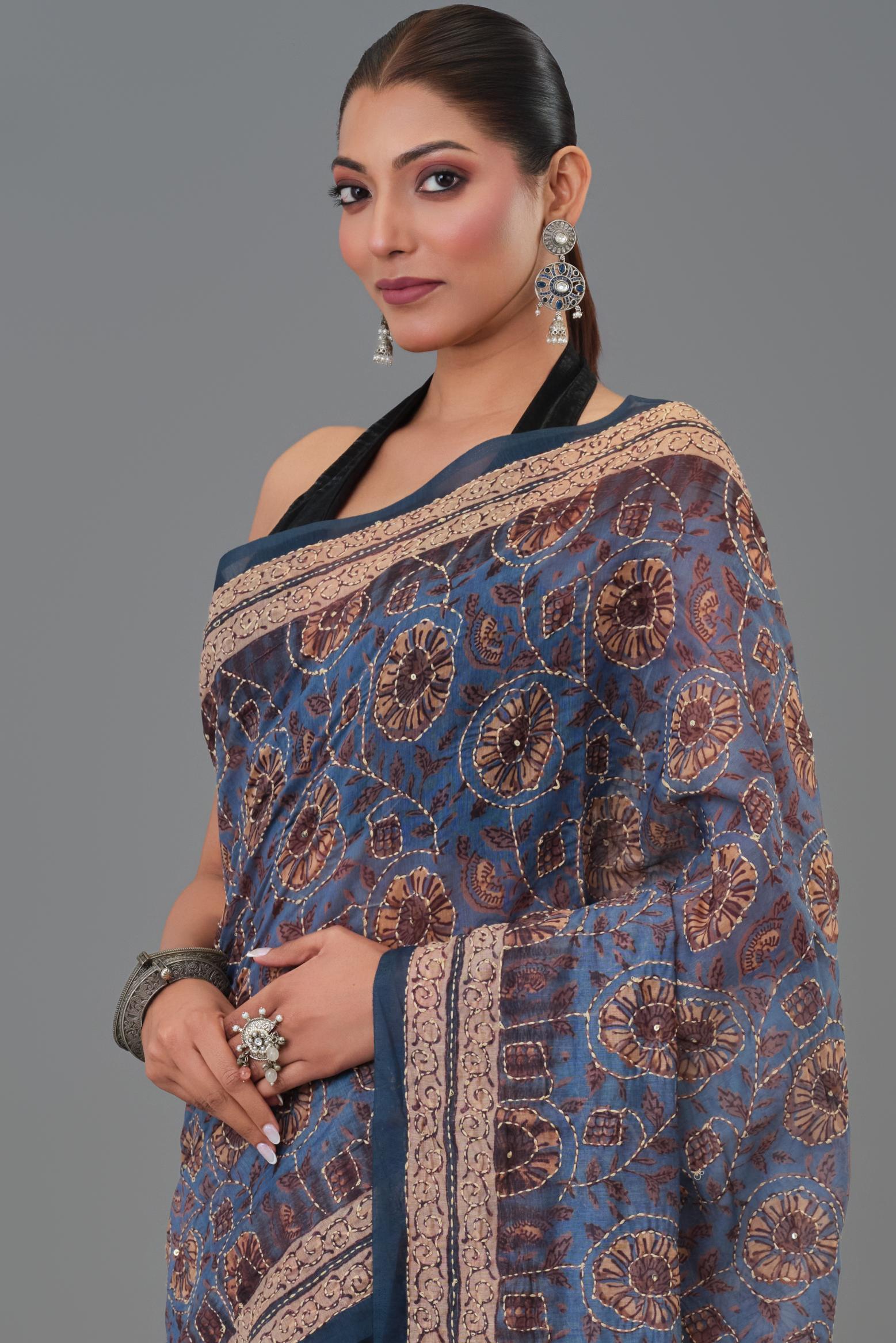 Blue Kantha Handwork Chanderi Silk Saree