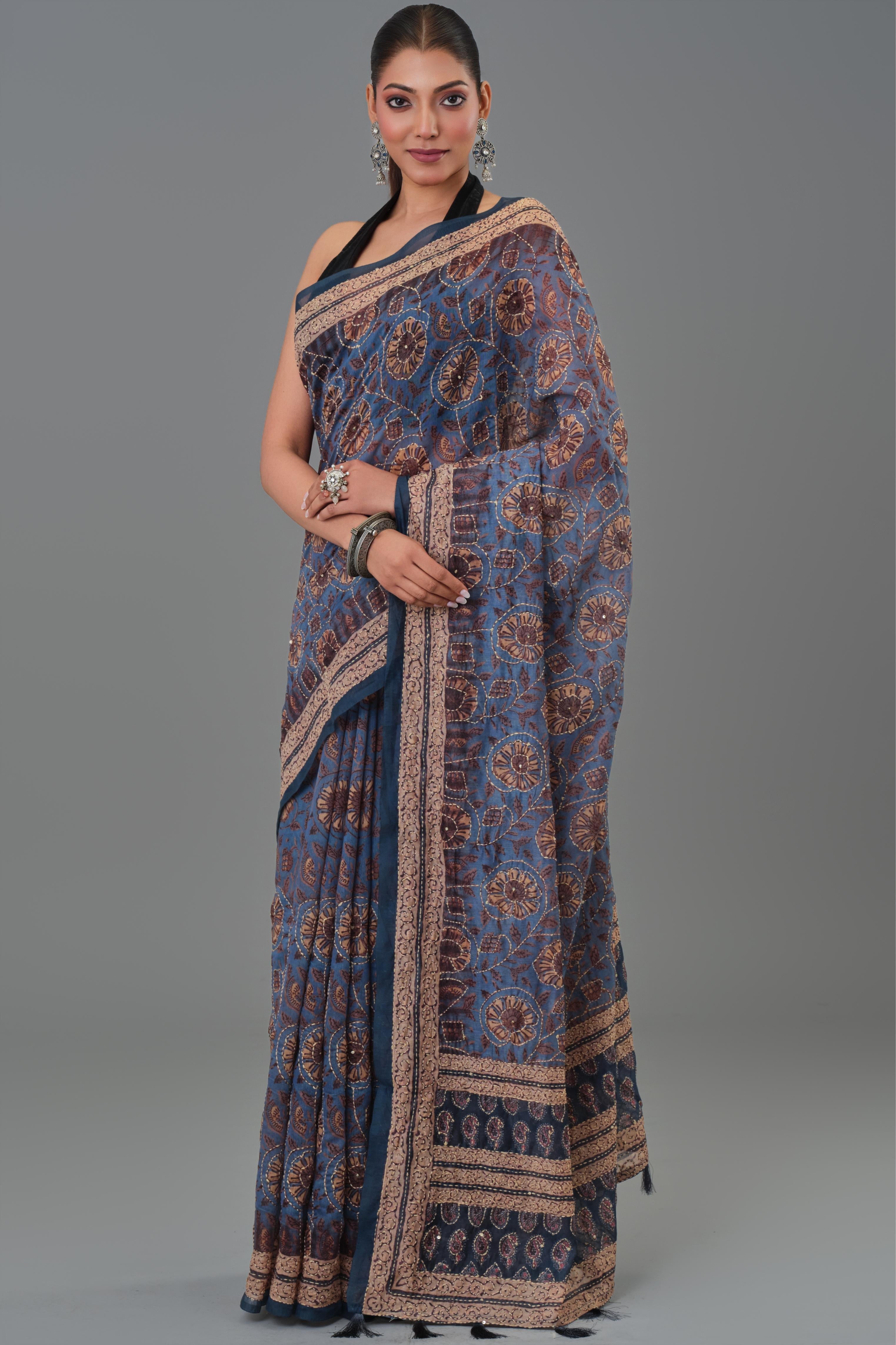 Blue Kantha Handwork Chanderi Silk Saree