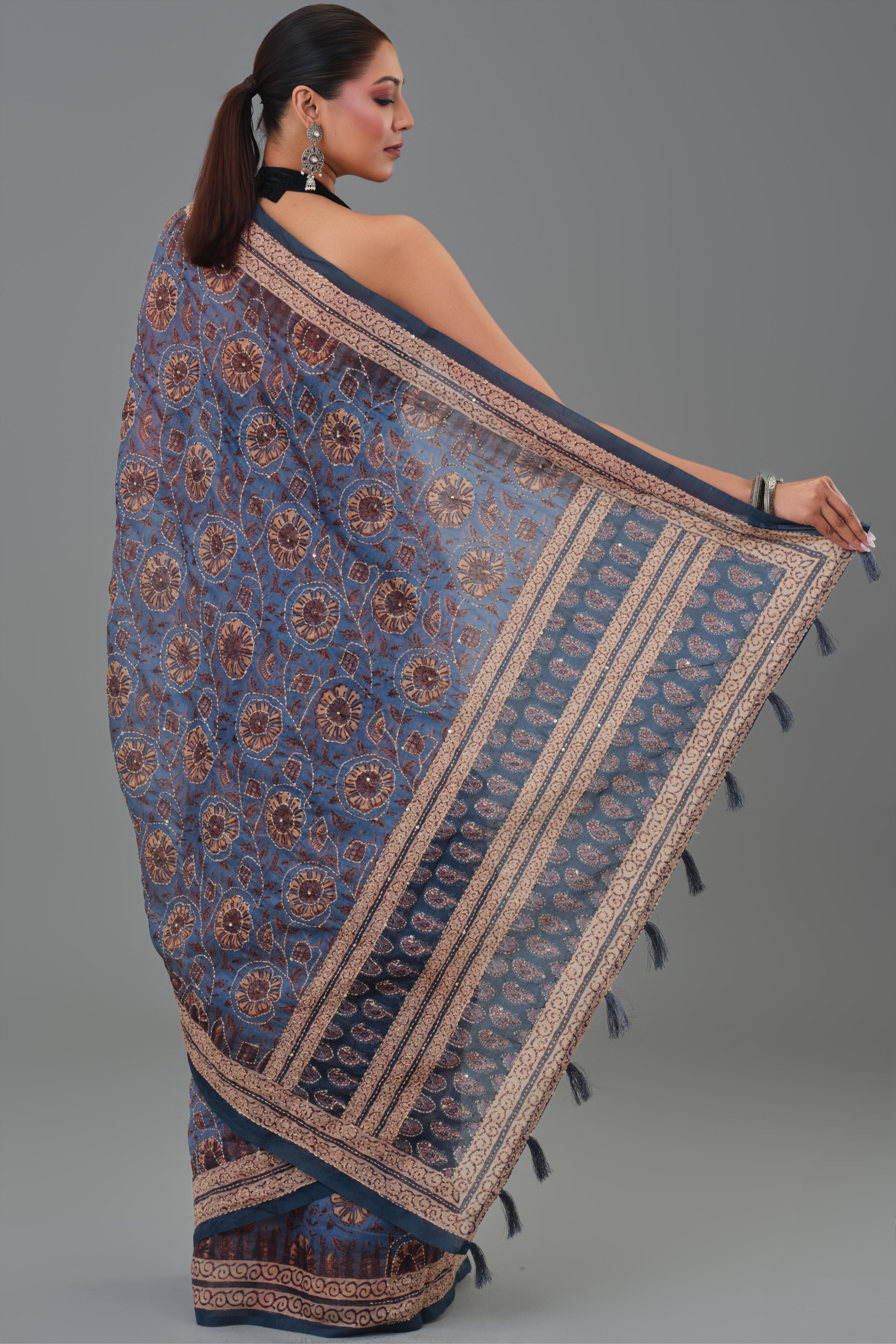 Blue Kantha Handwork Chanderi Silk Saree
