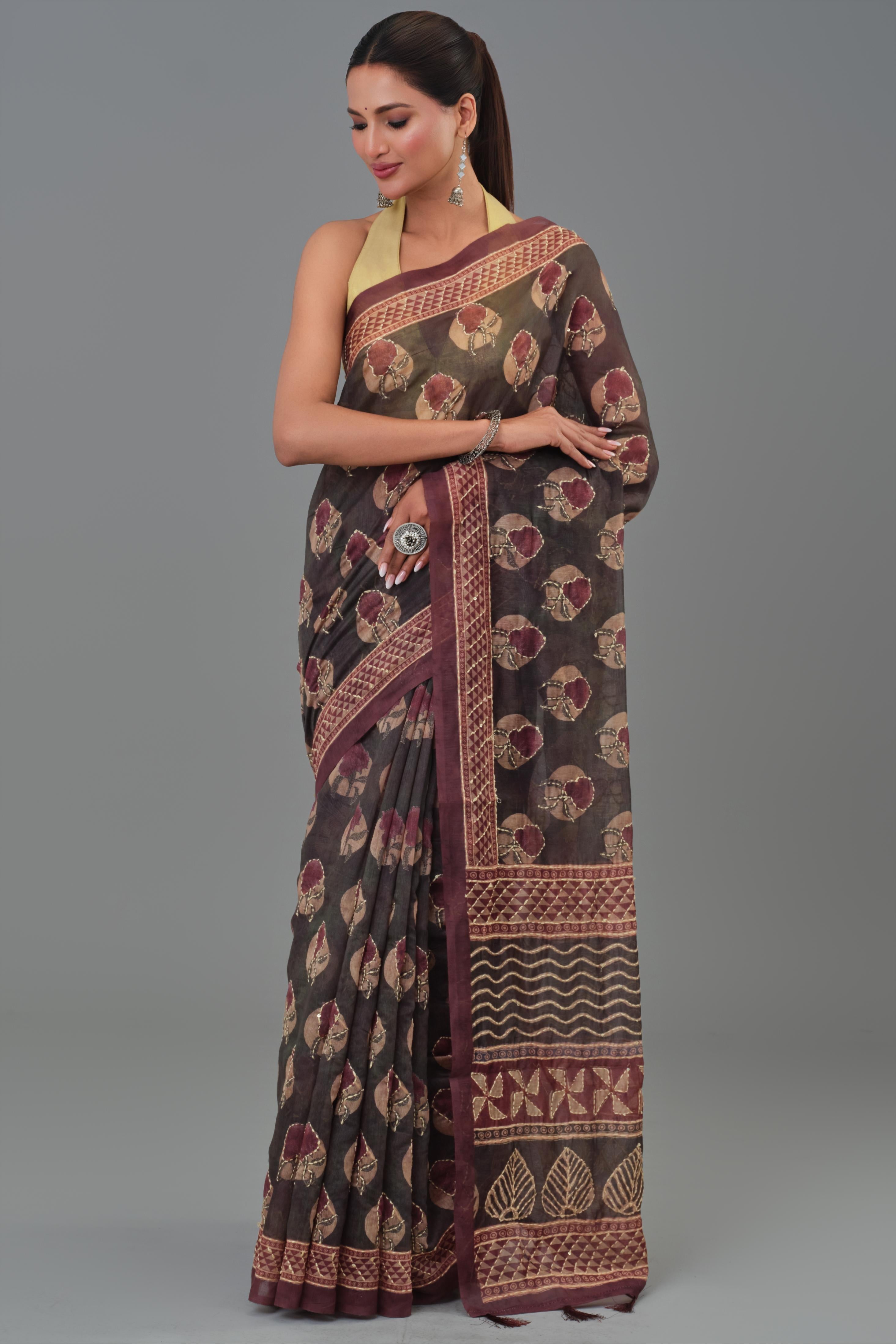 Maroon Kantha Handwork Chanderi Silk Saree