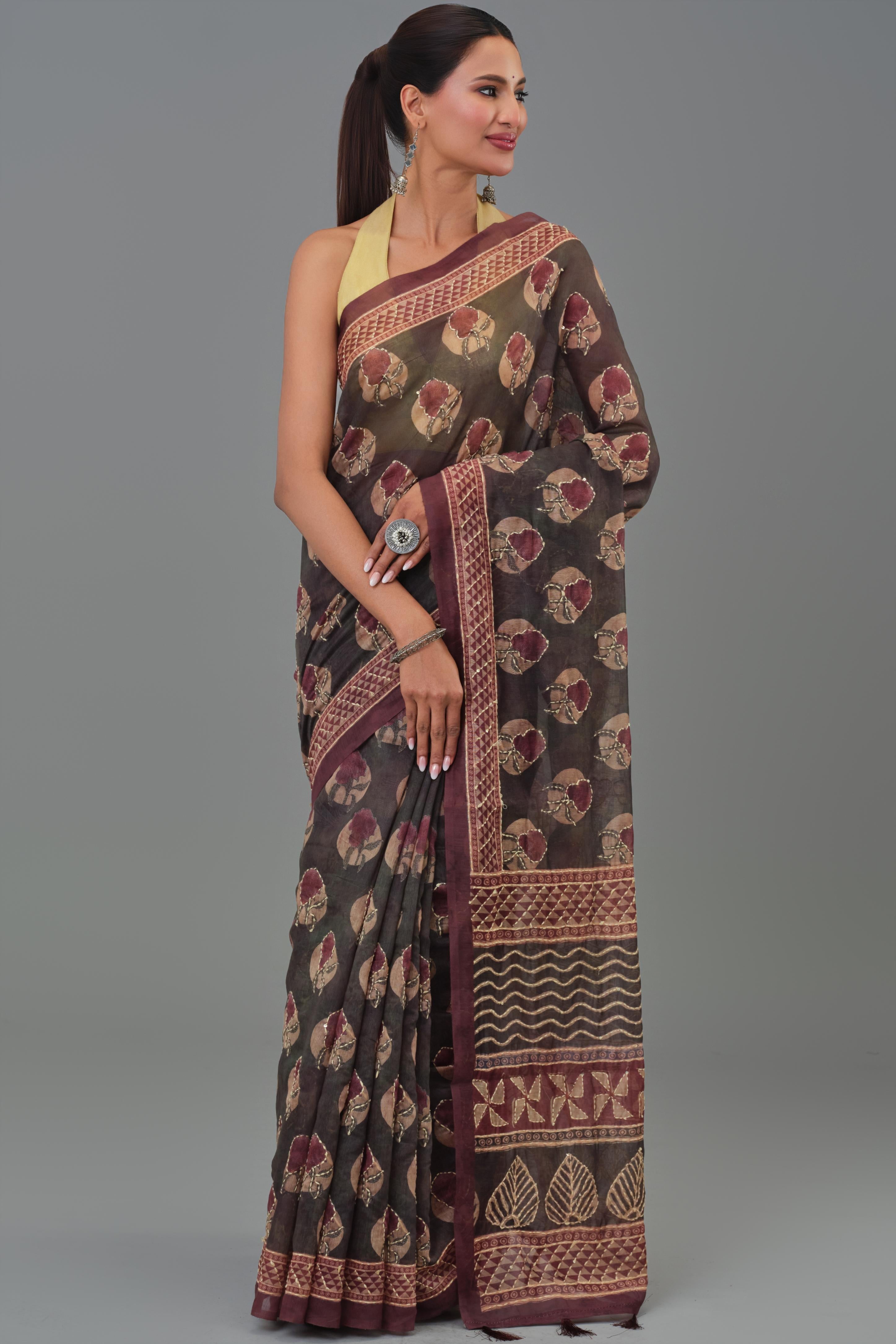 Maroon Kantha Handwork Chanderi Silk Saree