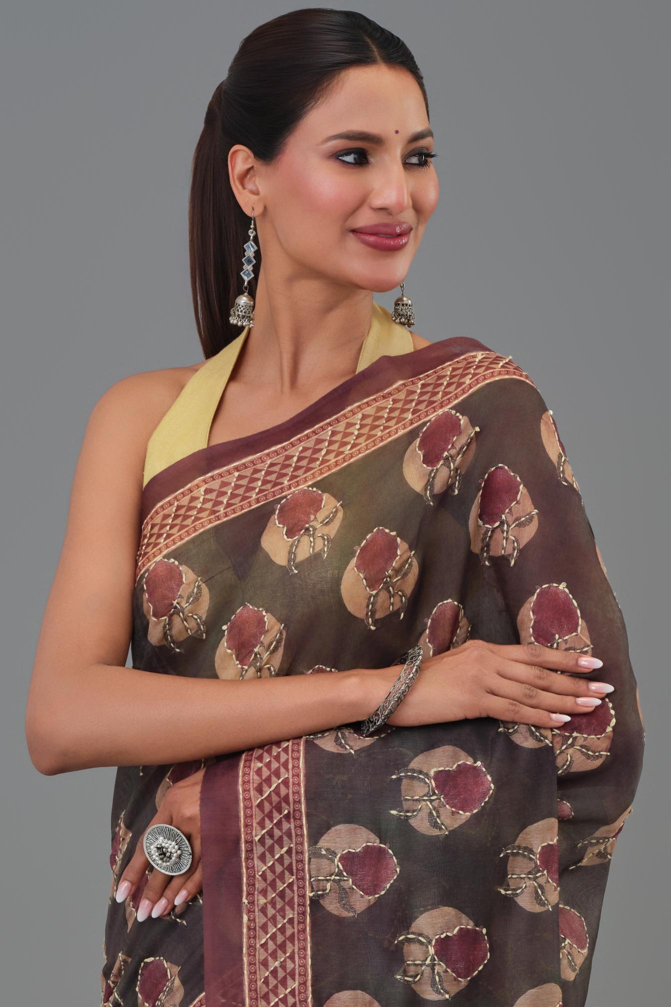 Maroon Kantha Handwork Chanderi Silk Saree