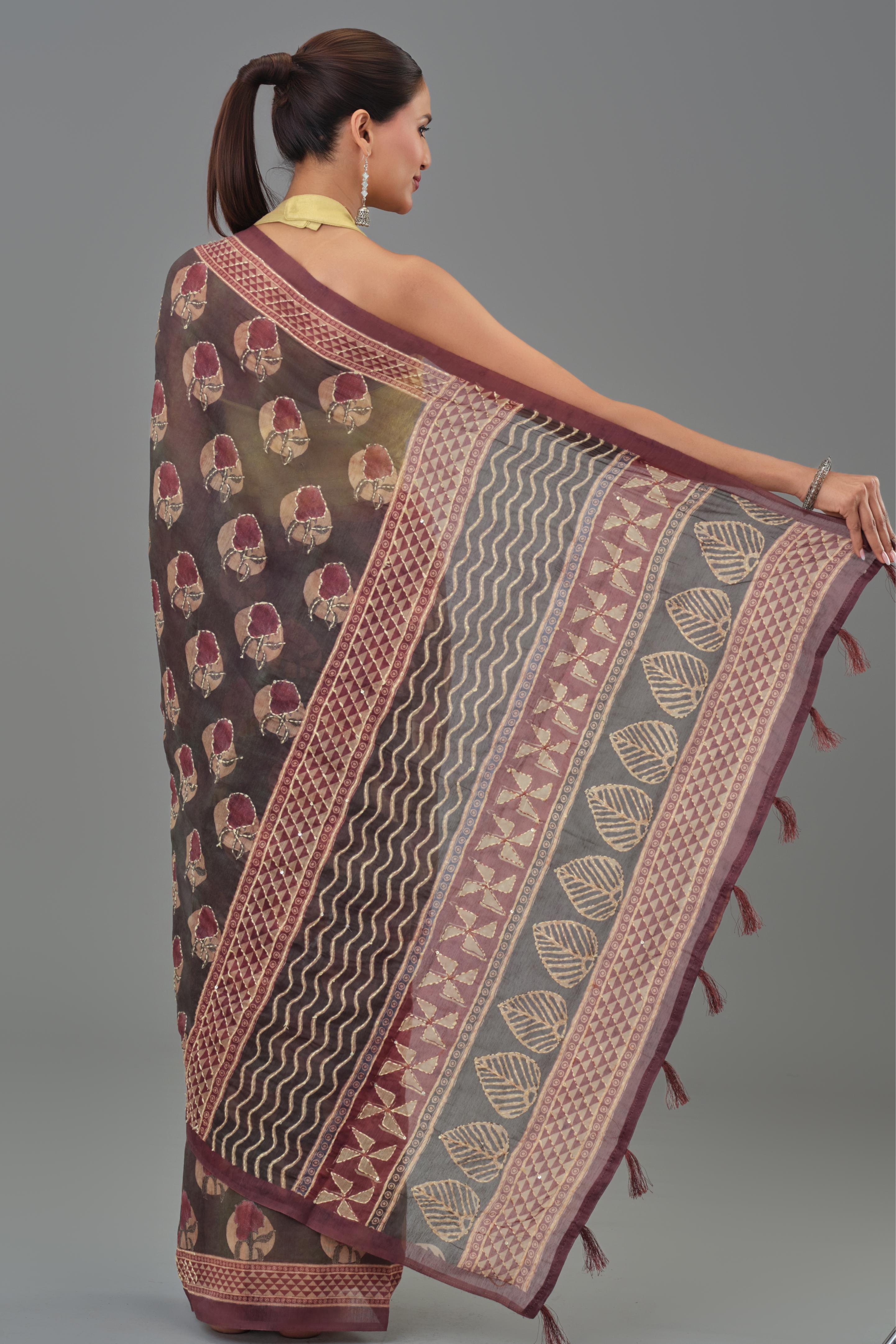Maroon Kantha Handwork Chanderi Silk Saree