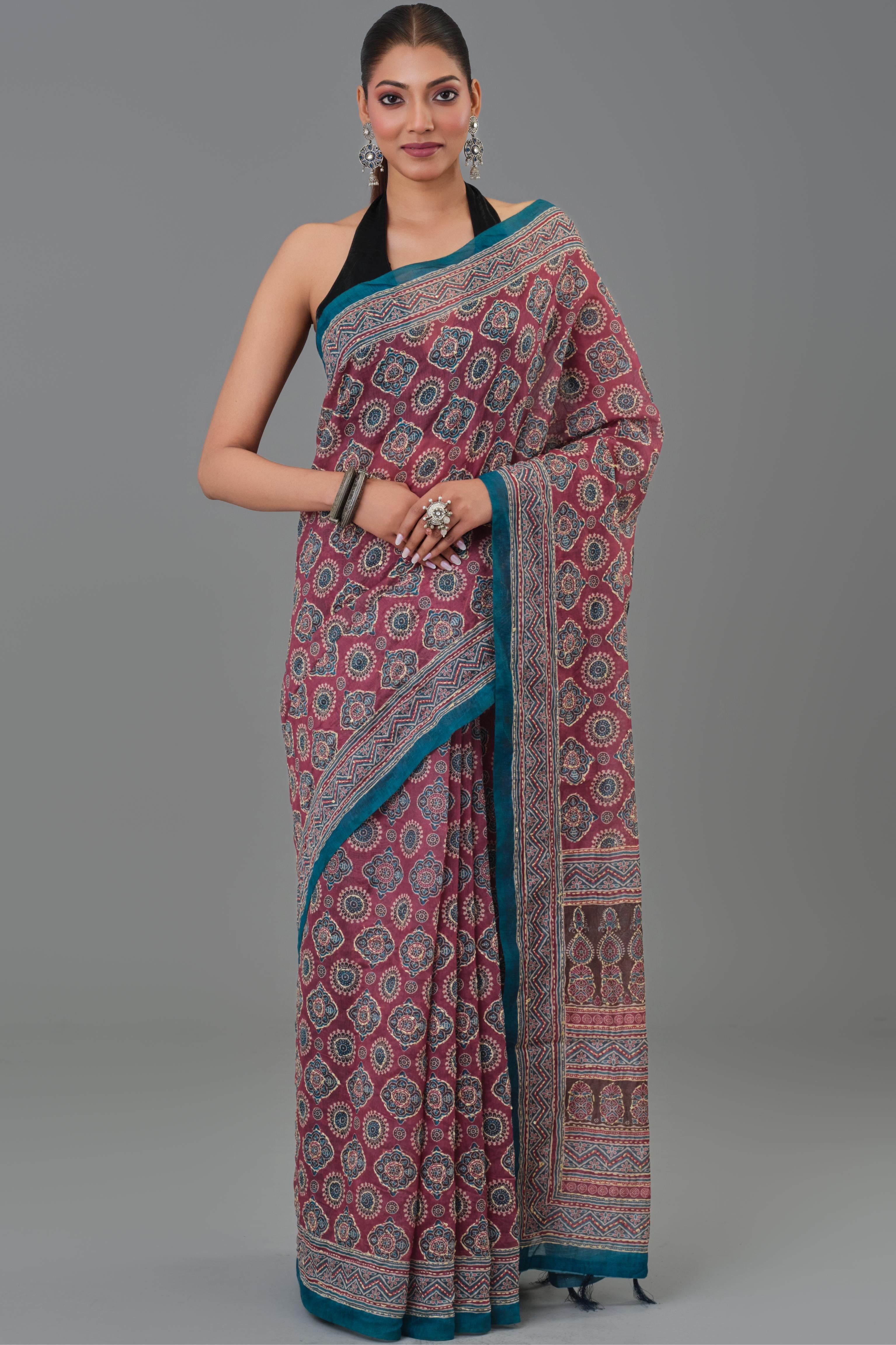 Maroon Kantha Handwork Chanderi Silk Saree