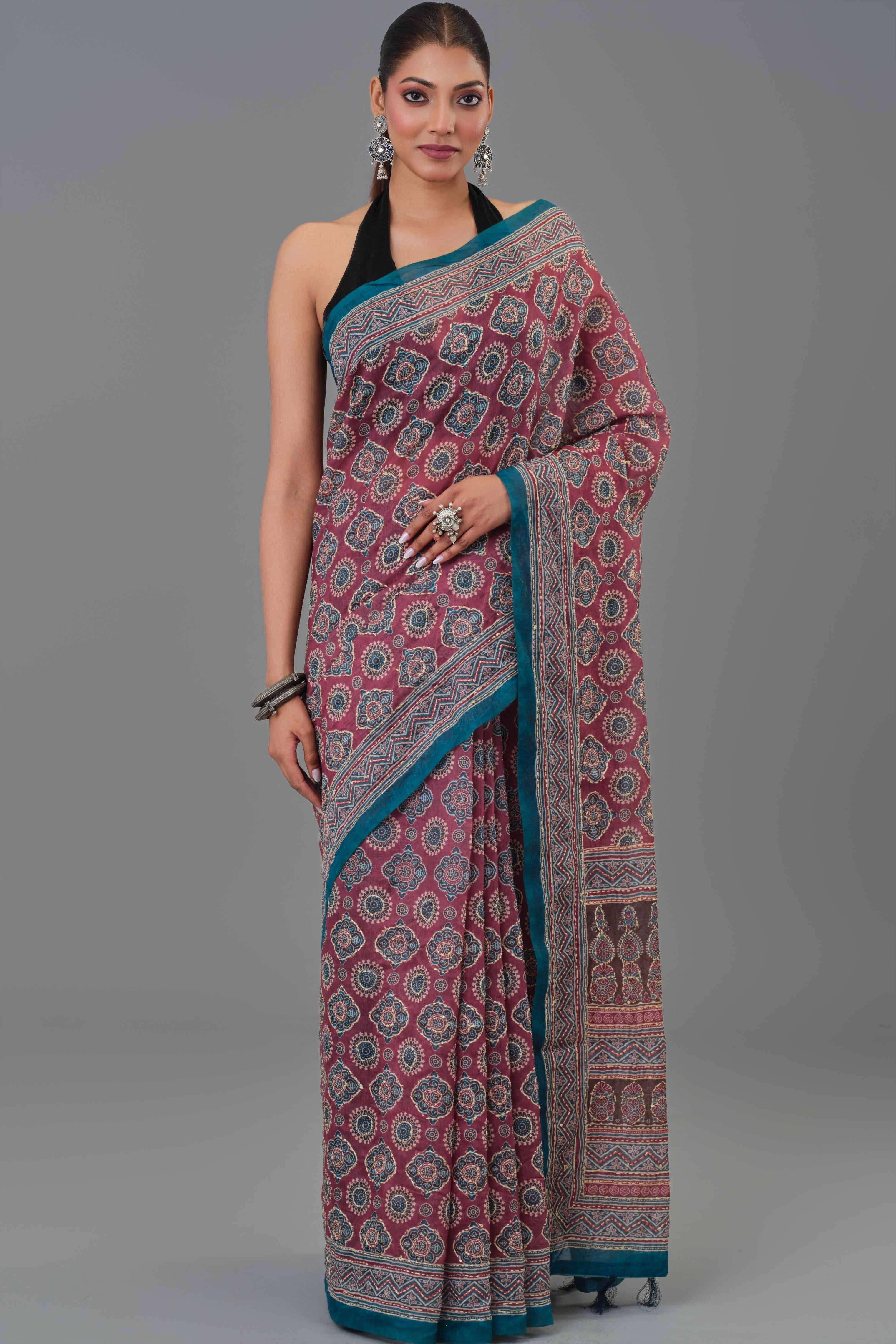 Maroon Kantha Handwork Chanderi Silk Saree