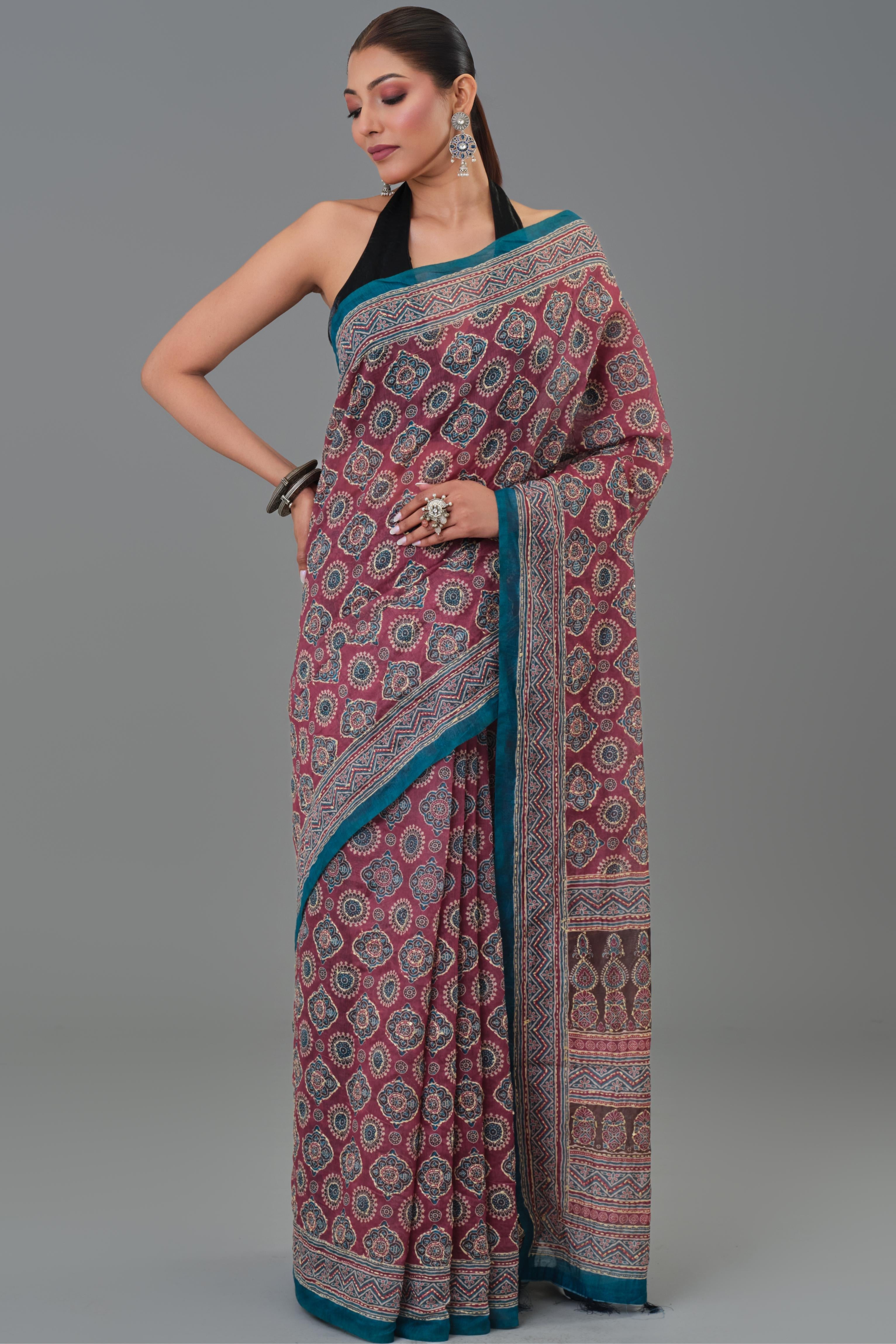 Maroon Kantha Handwork Chanderi Silk Saree