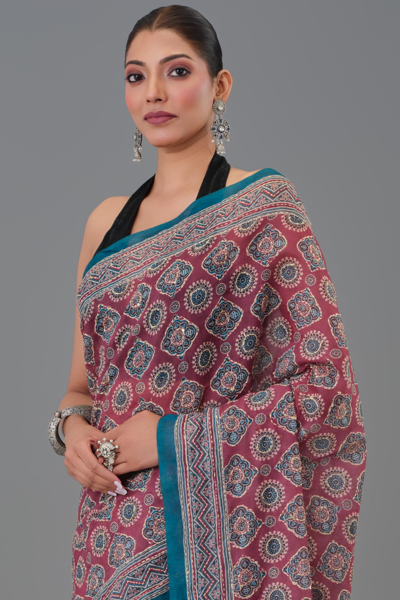 Maroon Kantha Handwork Chanderi Silk Saree