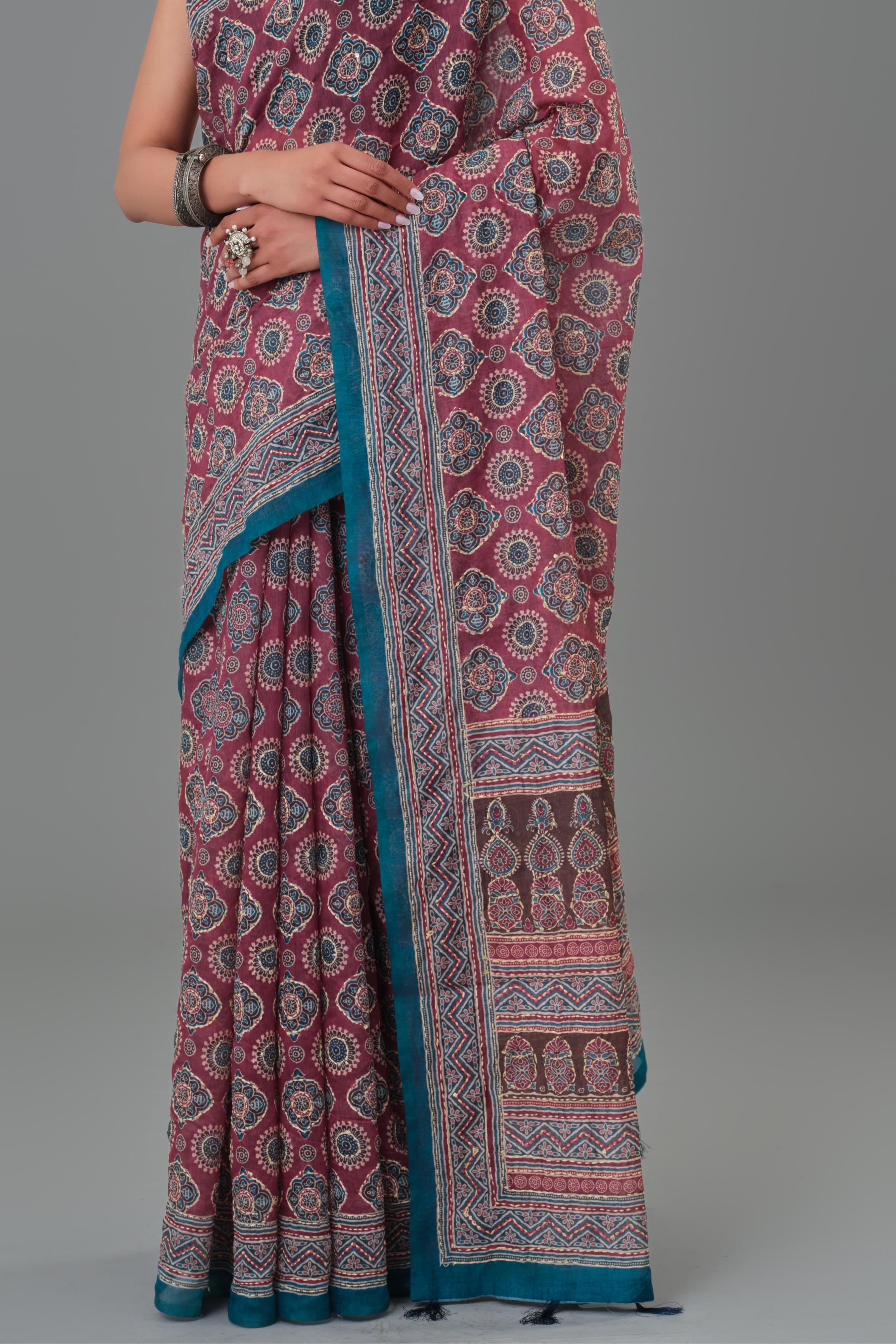 Maroon Kantha Handwork Chanderi Silk Saree