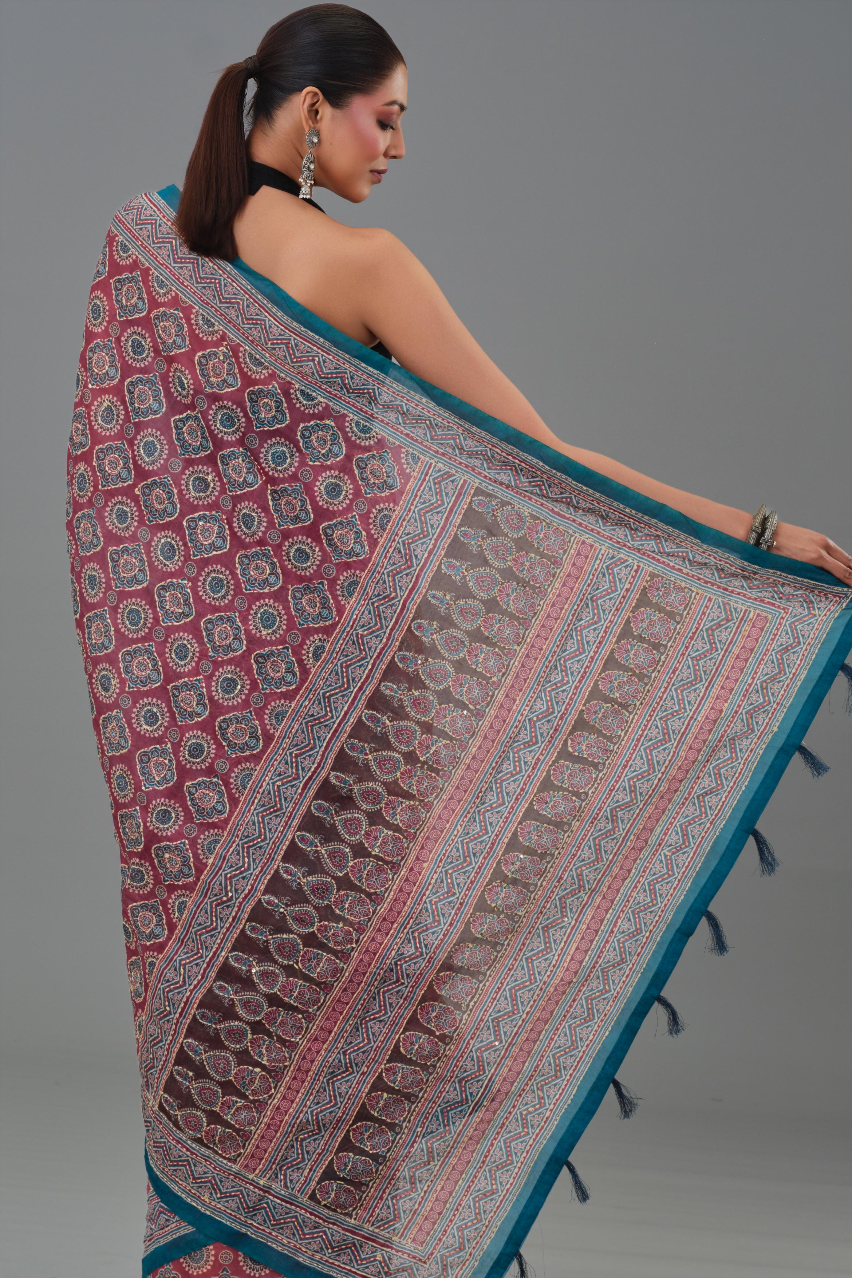 Maroon Kantha Handwork Chanderi Silk Saree