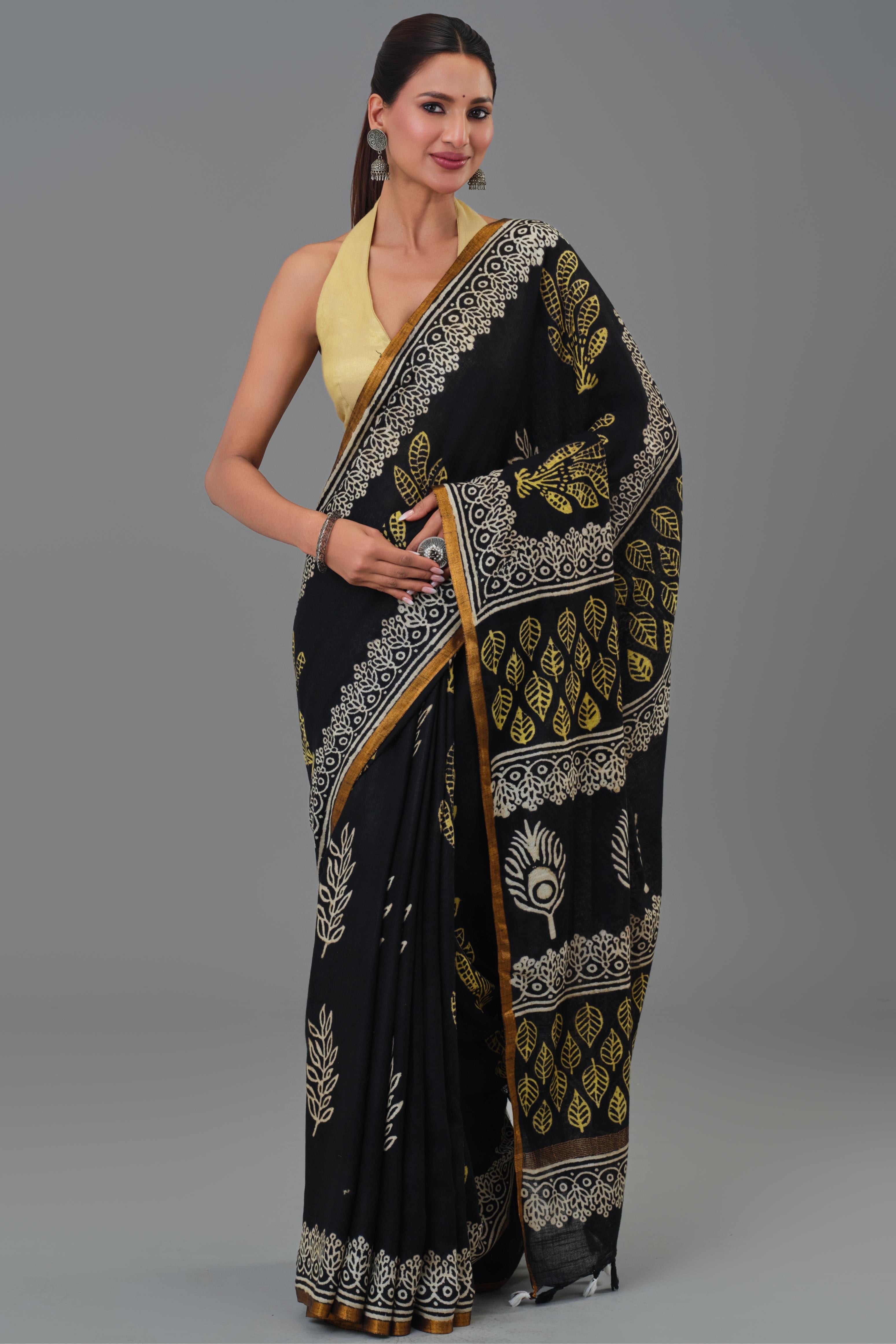 Black Dabu Hand Block Printed Linen Saree