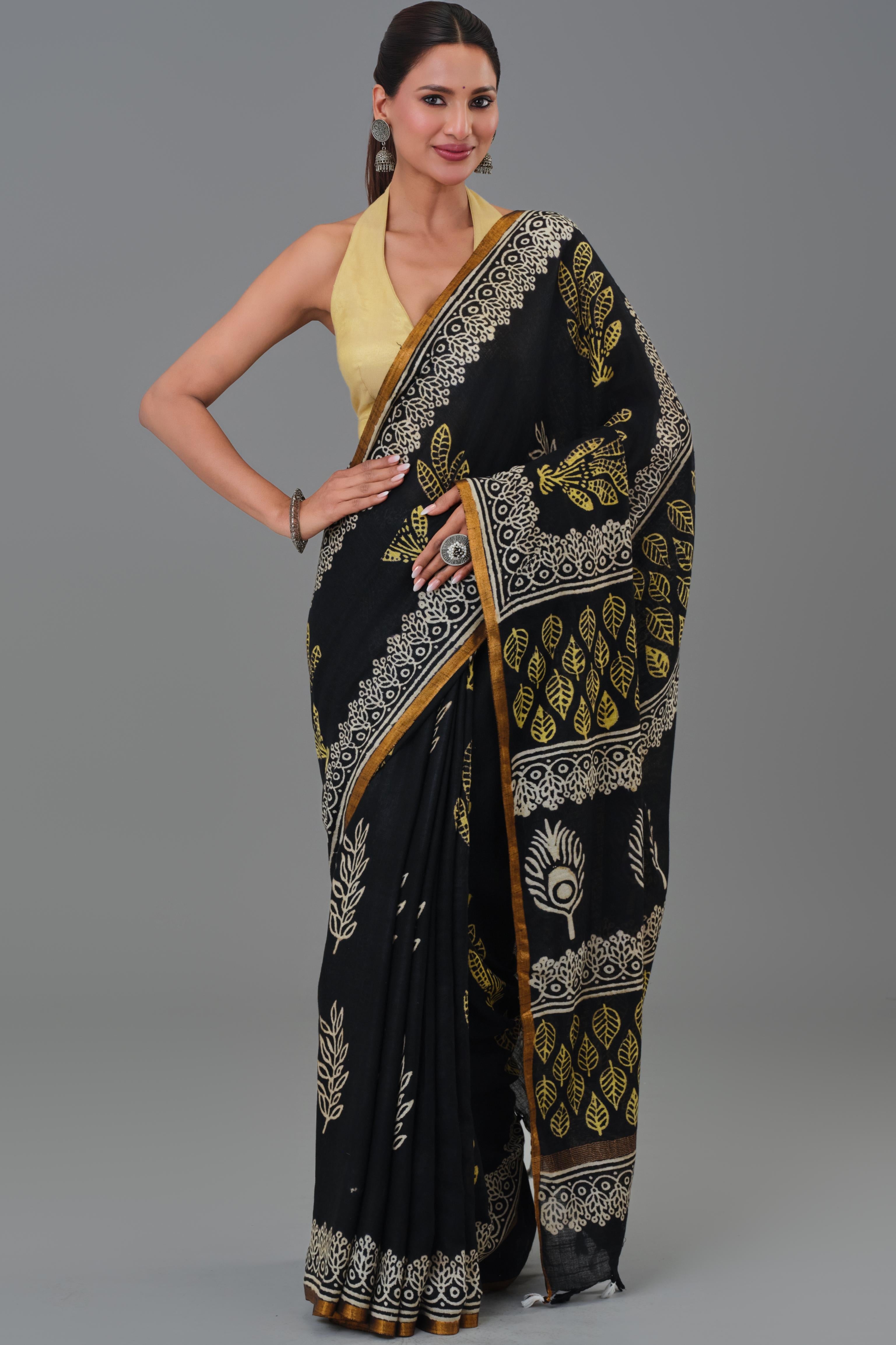 Black Dabu Hand Block Printed Linen Saree