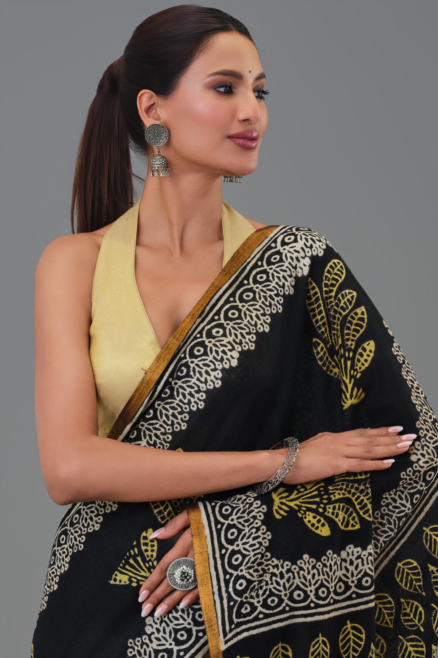 Black Dabu Hand Block Printed Linen Saree