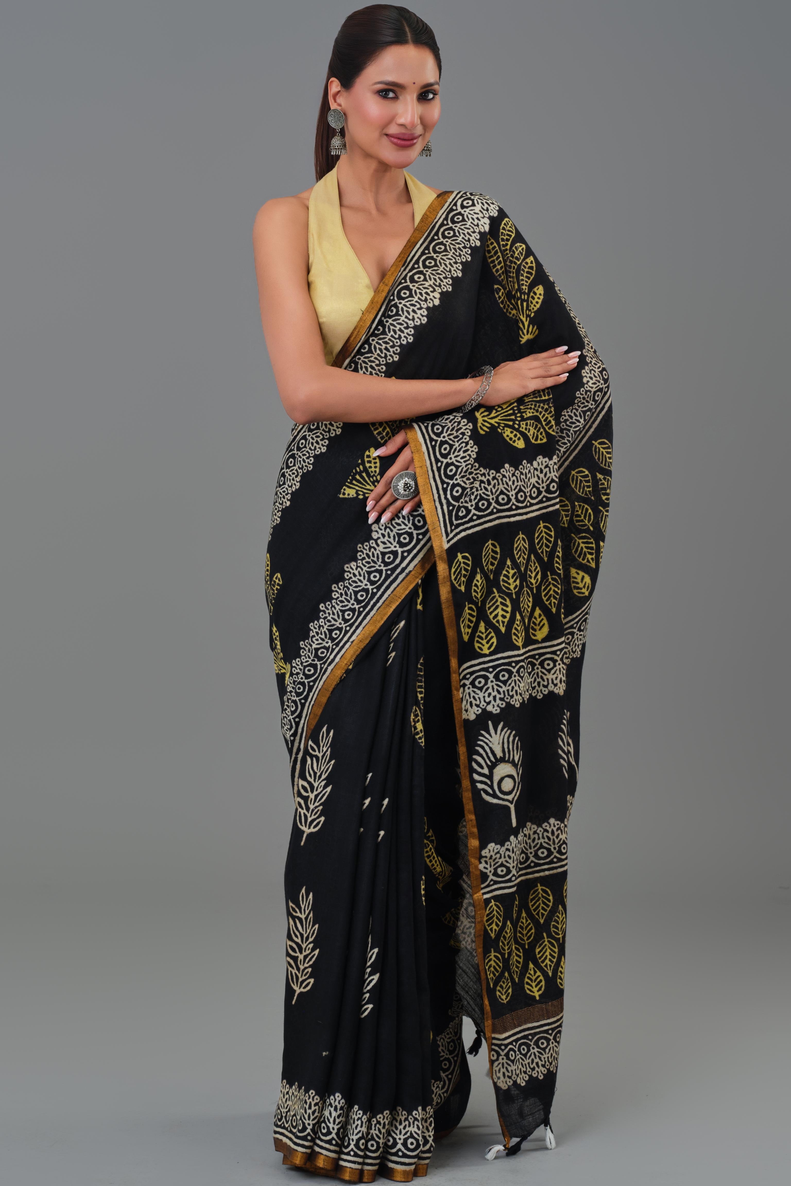 Black Dabu Hand Block Printed Linen Saree
