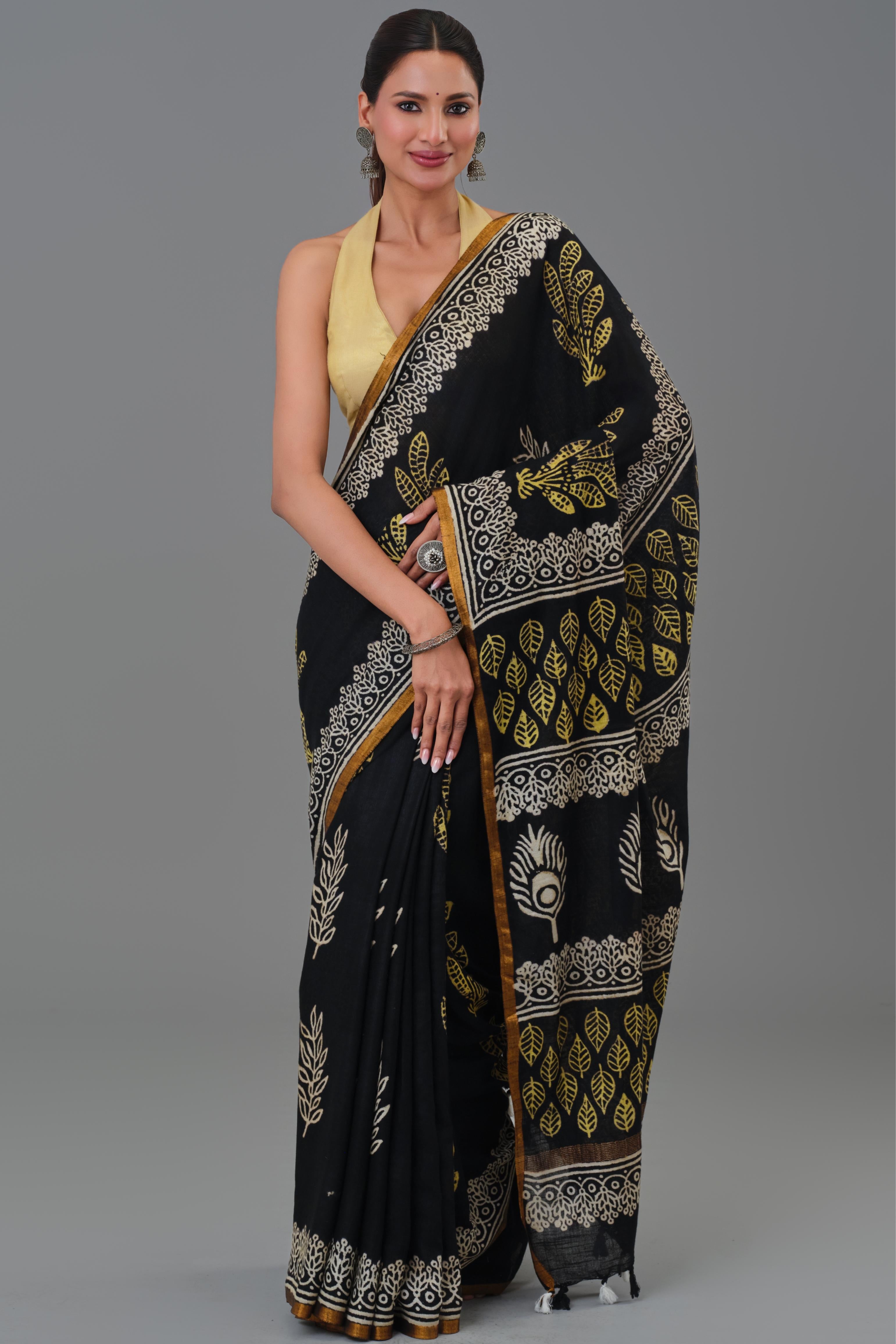 Black Dabu Hand Block Printed Linen Saree
