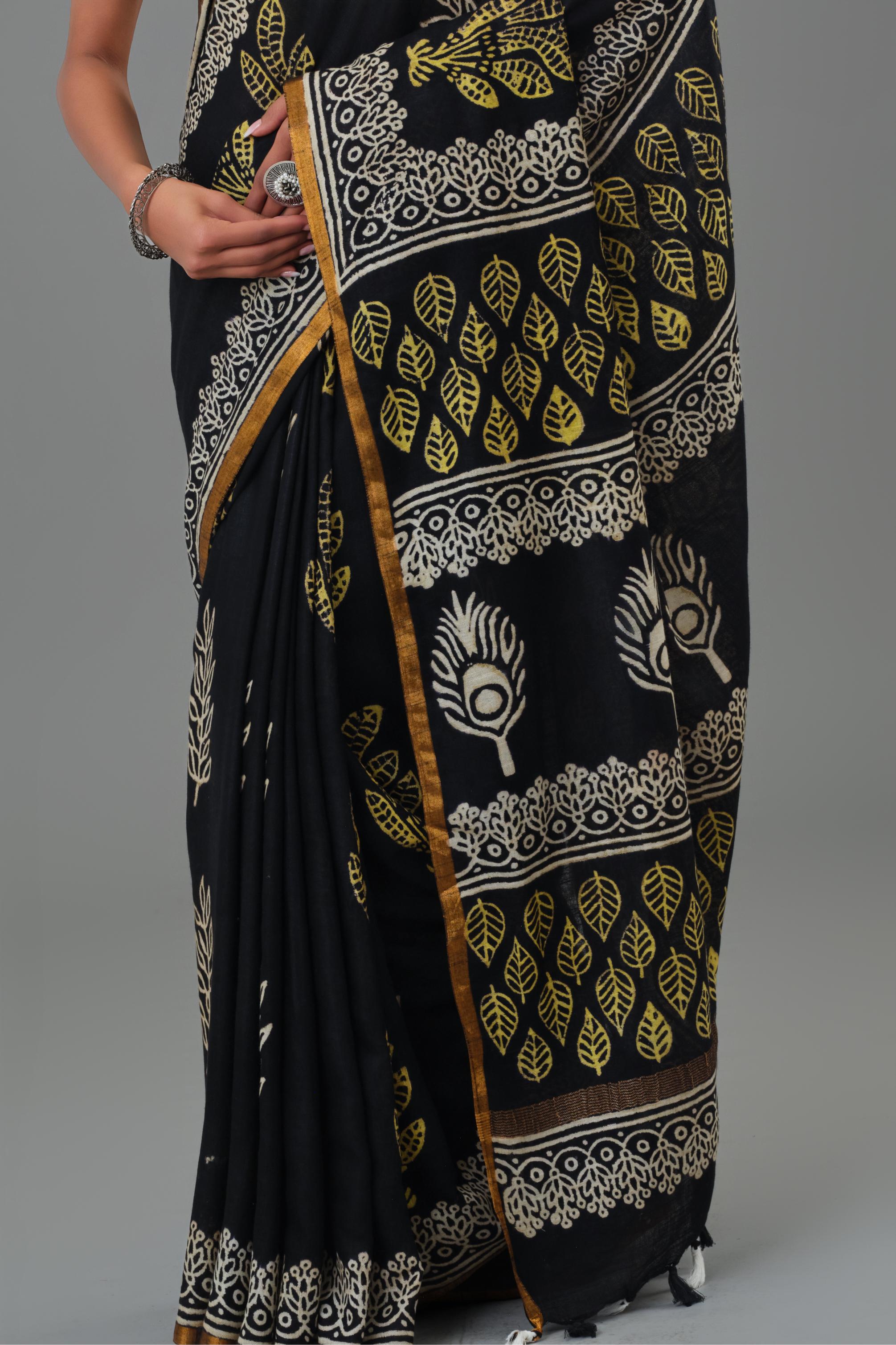 Black Dabu Hand Block Printed Linen Saree