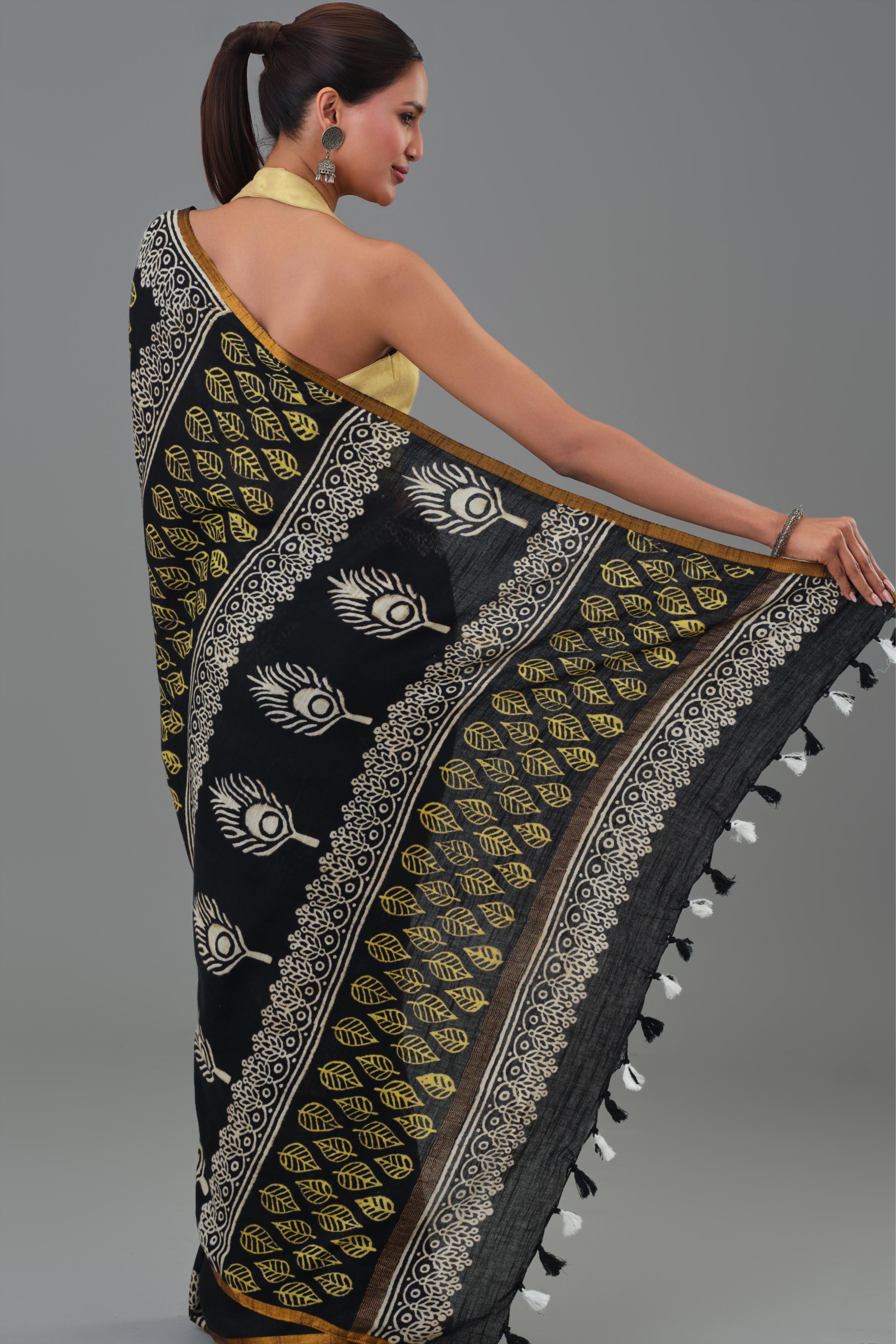 Black Dabu Hand Block Printed Linen Saree