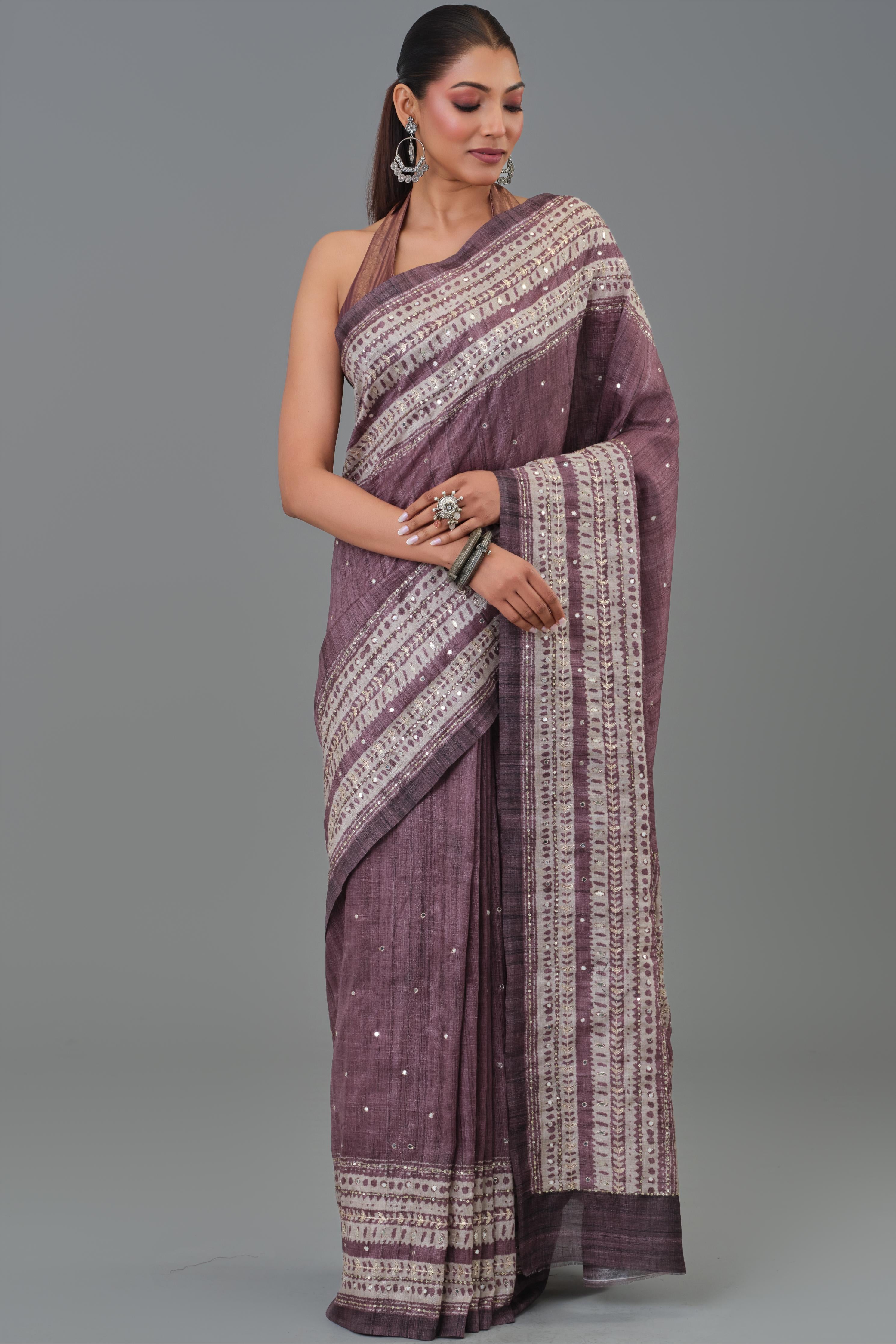 Mauve Ethnic Printed Tussar Silk Saree