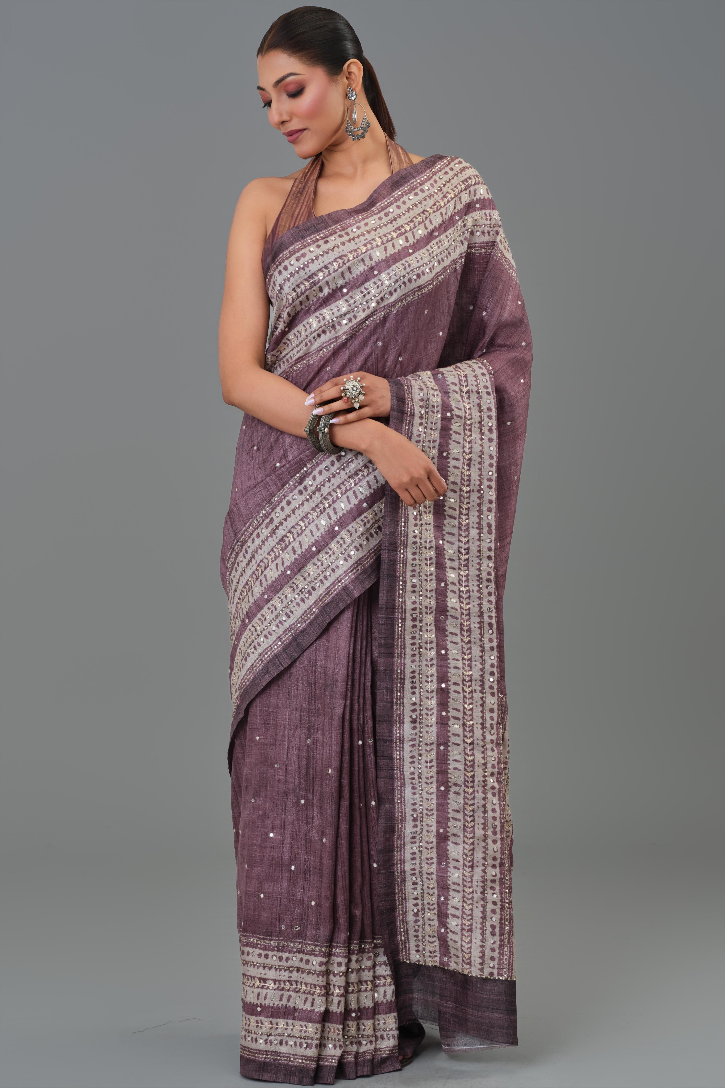 Mauve Ethnic Printed Tussar Silk Saree