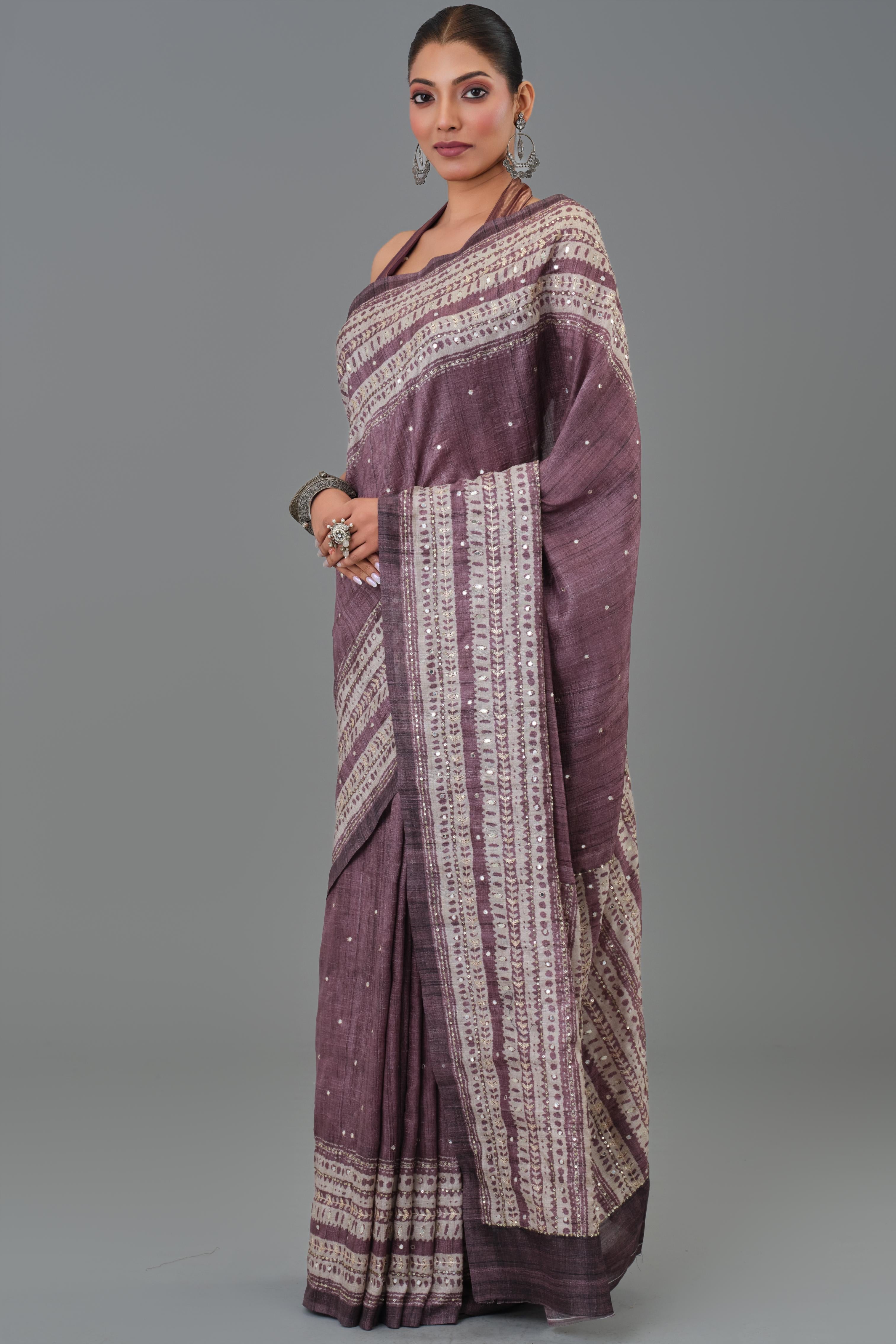Mauve Ethnic Printed Tussar Silk Saree