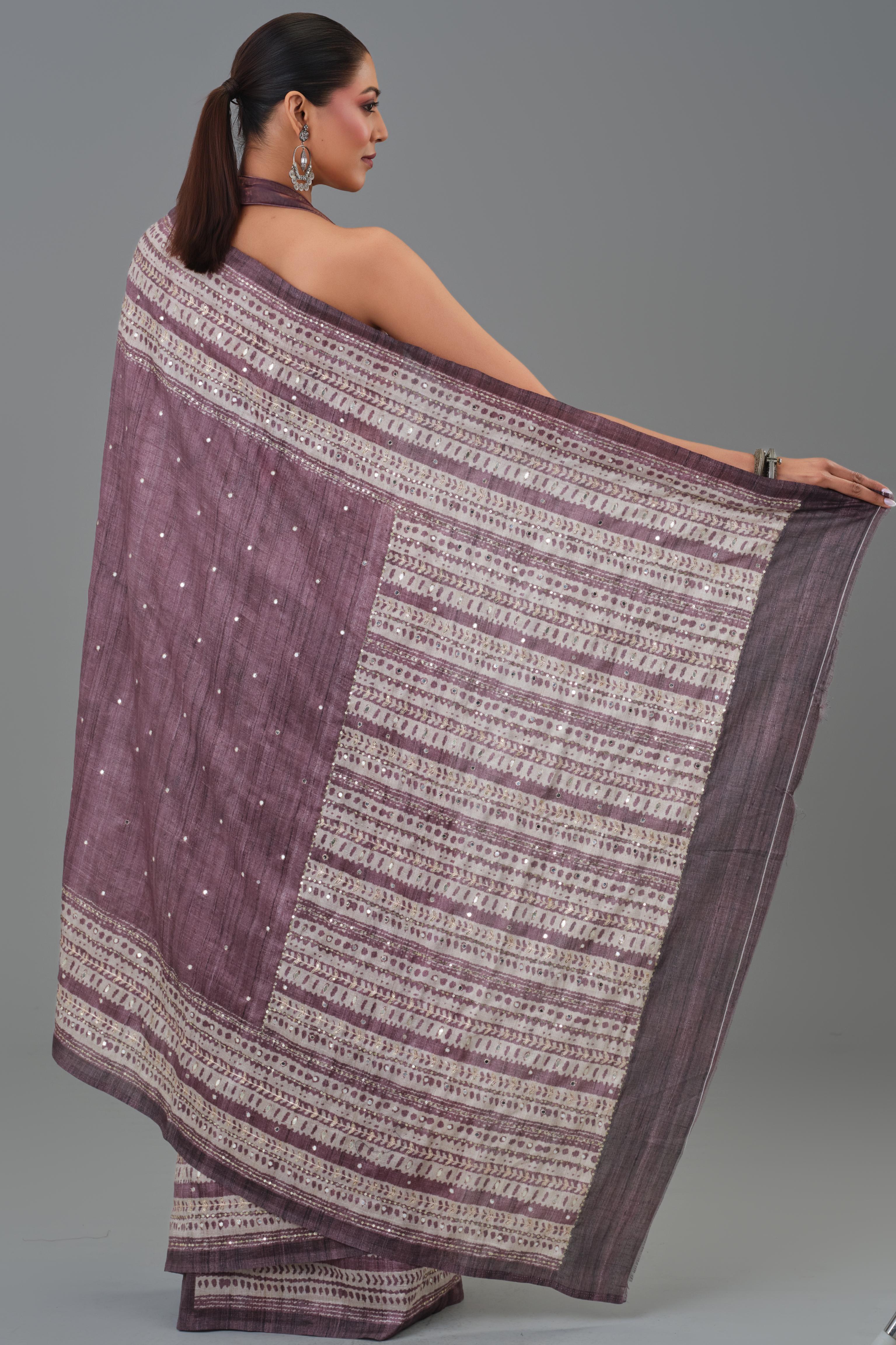 Mauve Ethnic Printed Tussar Silk Saree