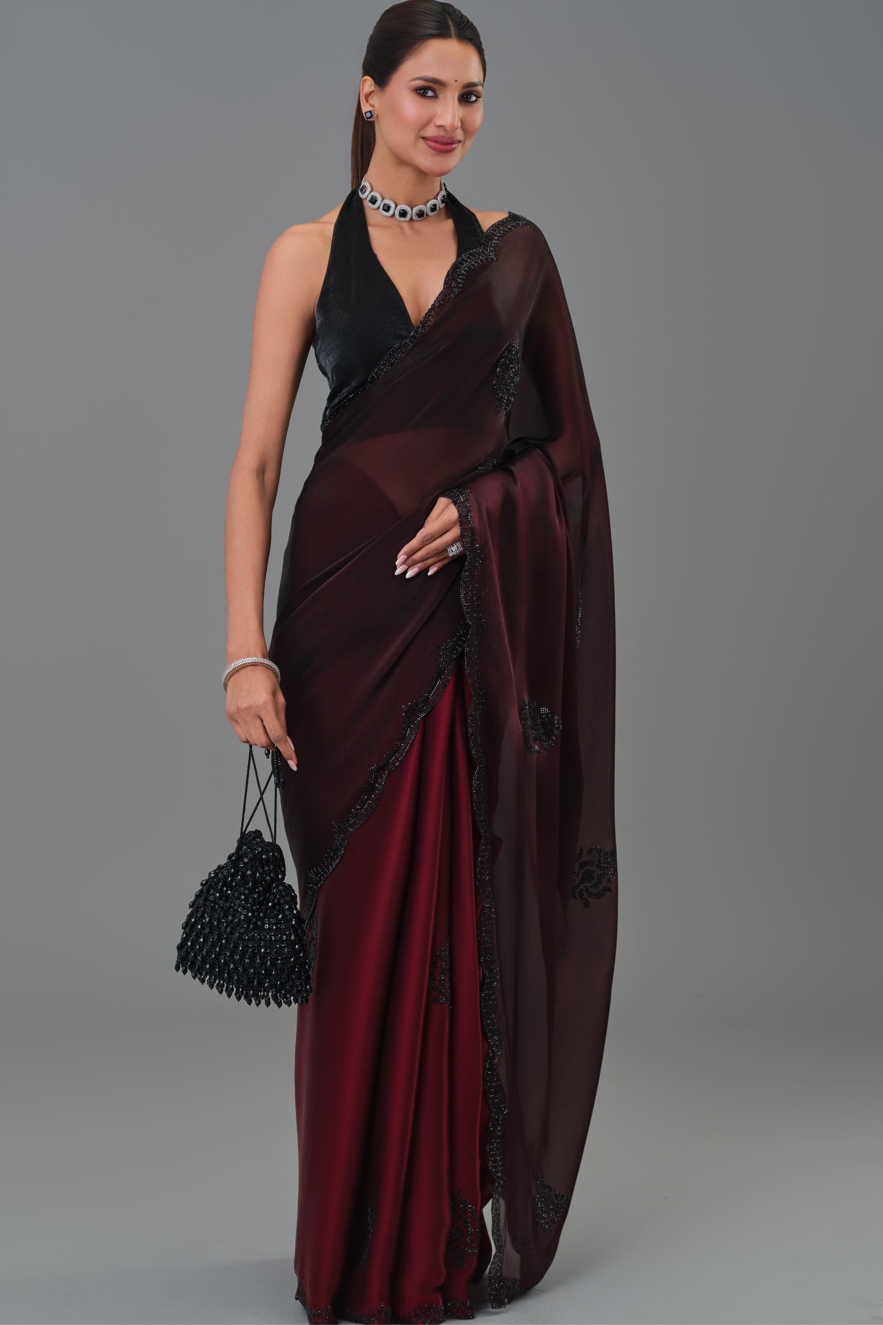 Wine Ombre Dyed Cosmo Tissue Silk Saree