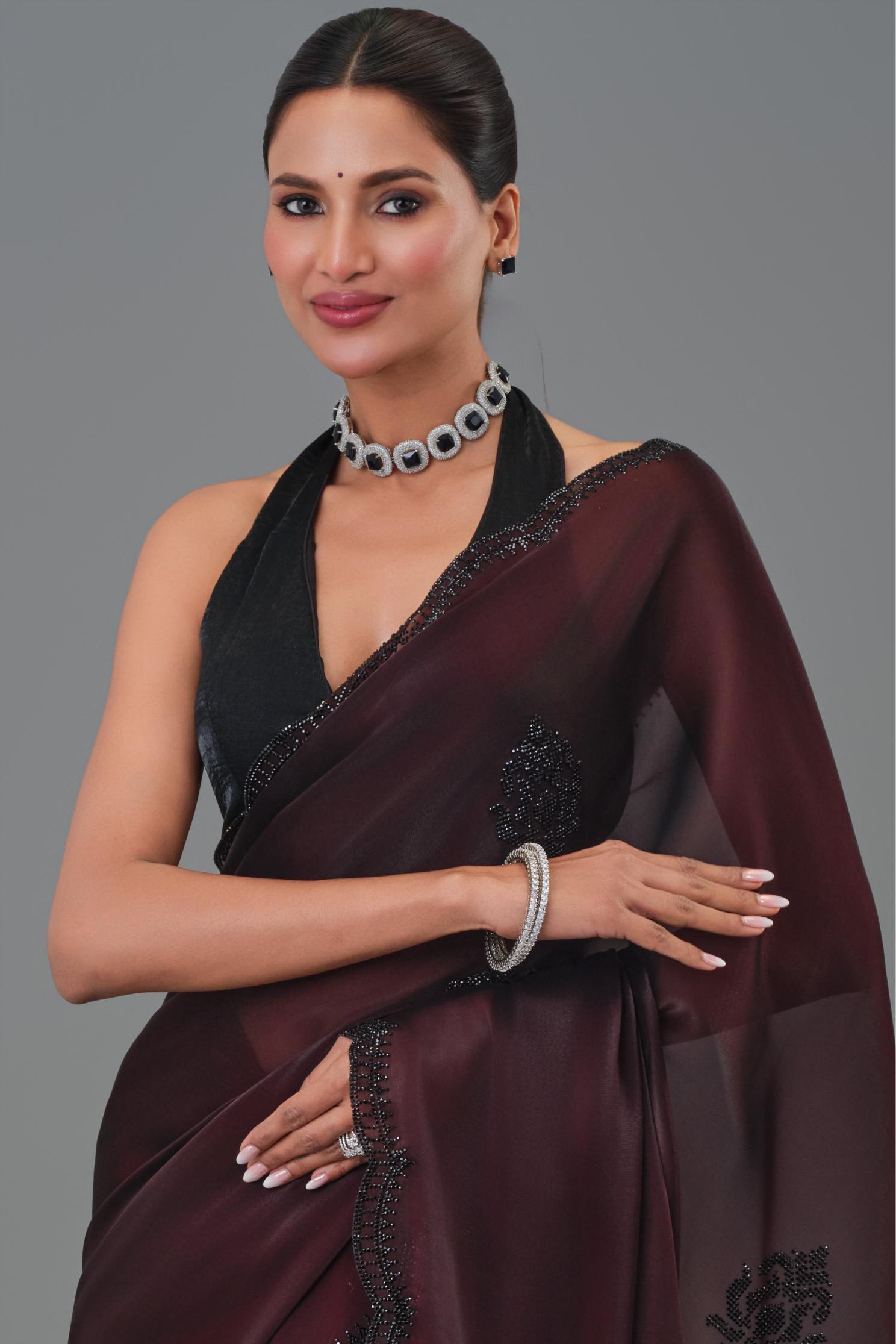 Wine Ombre Dyed Cosmo Tissue Silk Saree