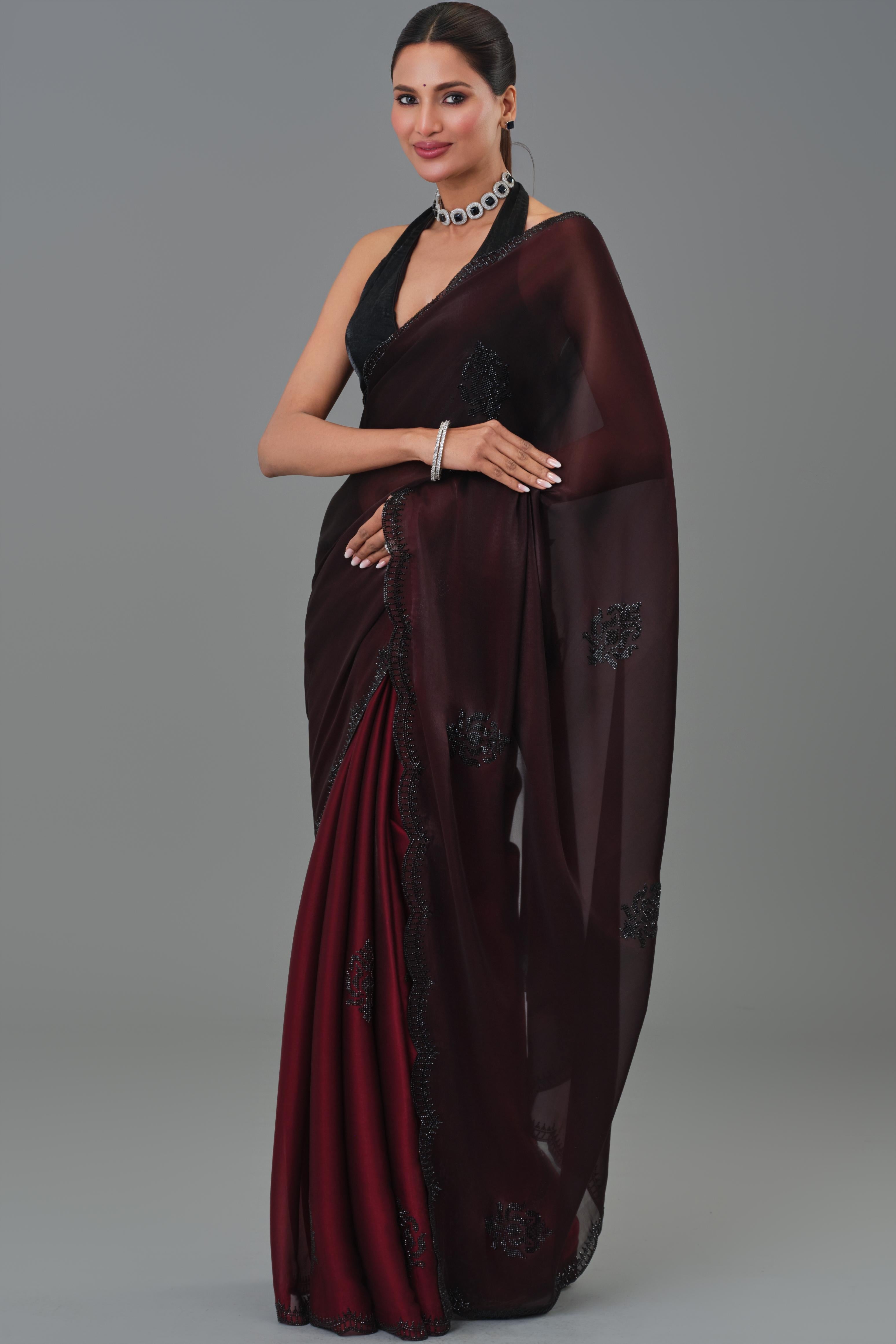 Wine Ombre Dyed Cosmo Tissue Silk Saree