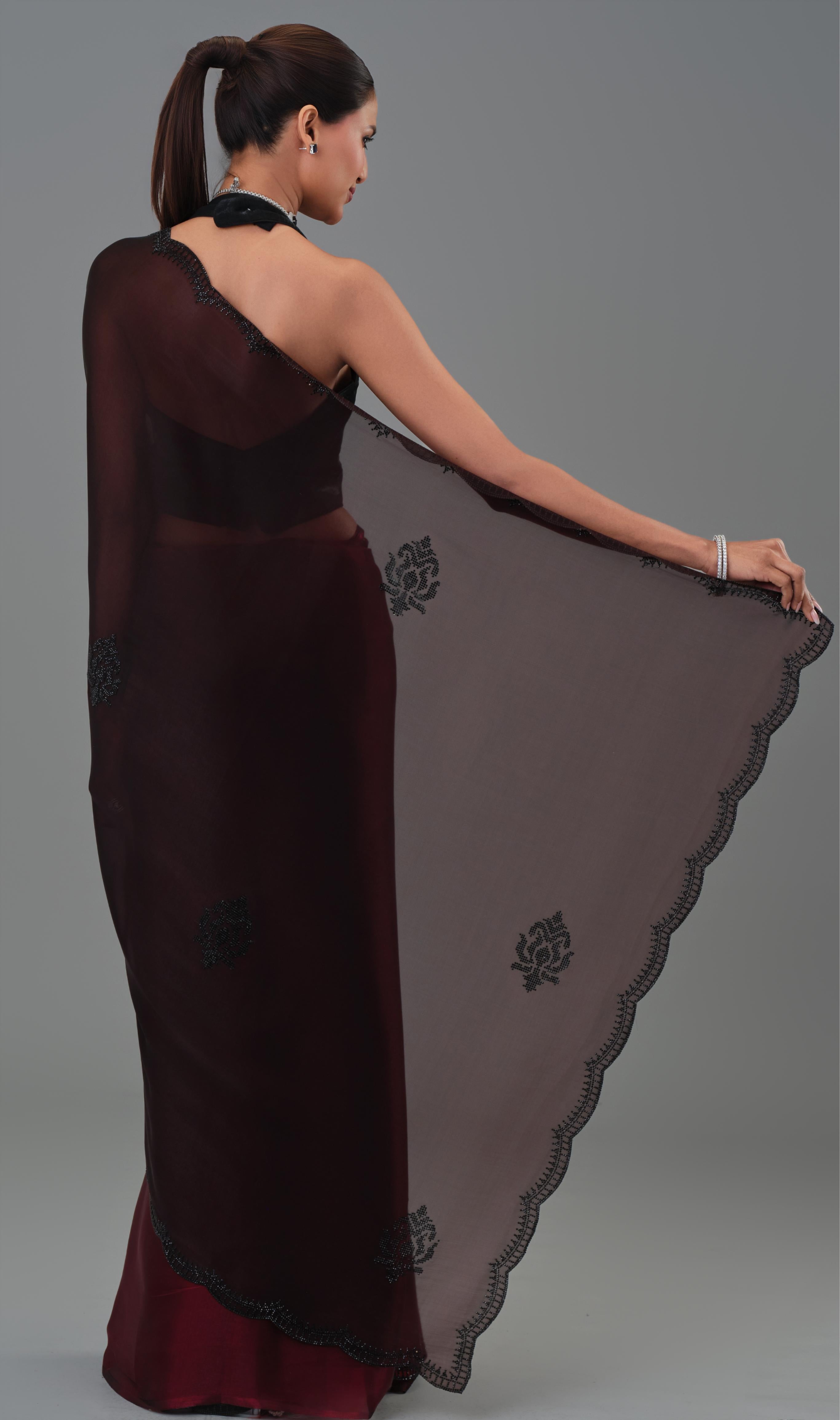 Wine Ombre Dyed Cosmo Tissue Silk Saree