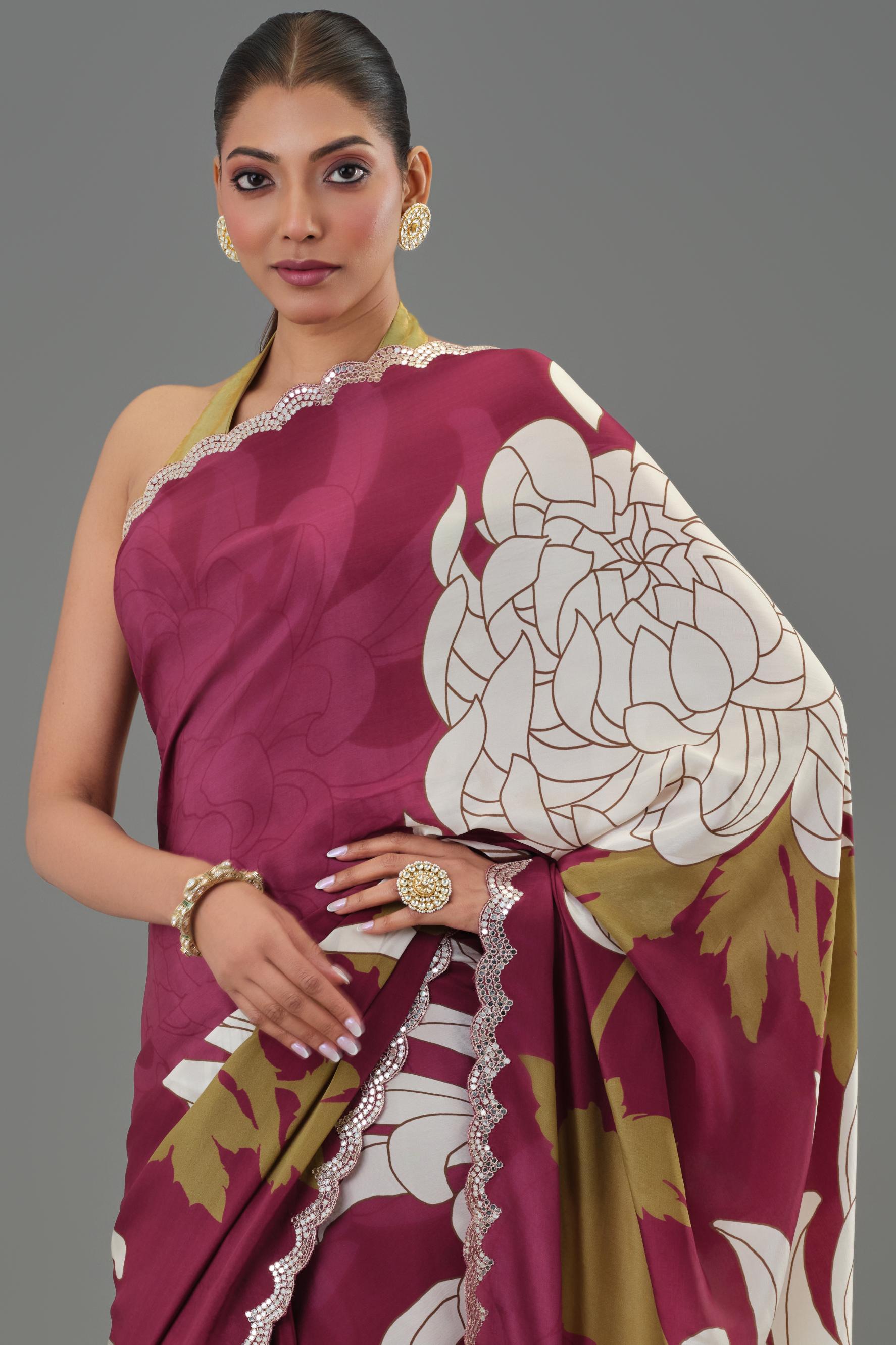 Fine Wine Floral Printed Chinon Silk Saree