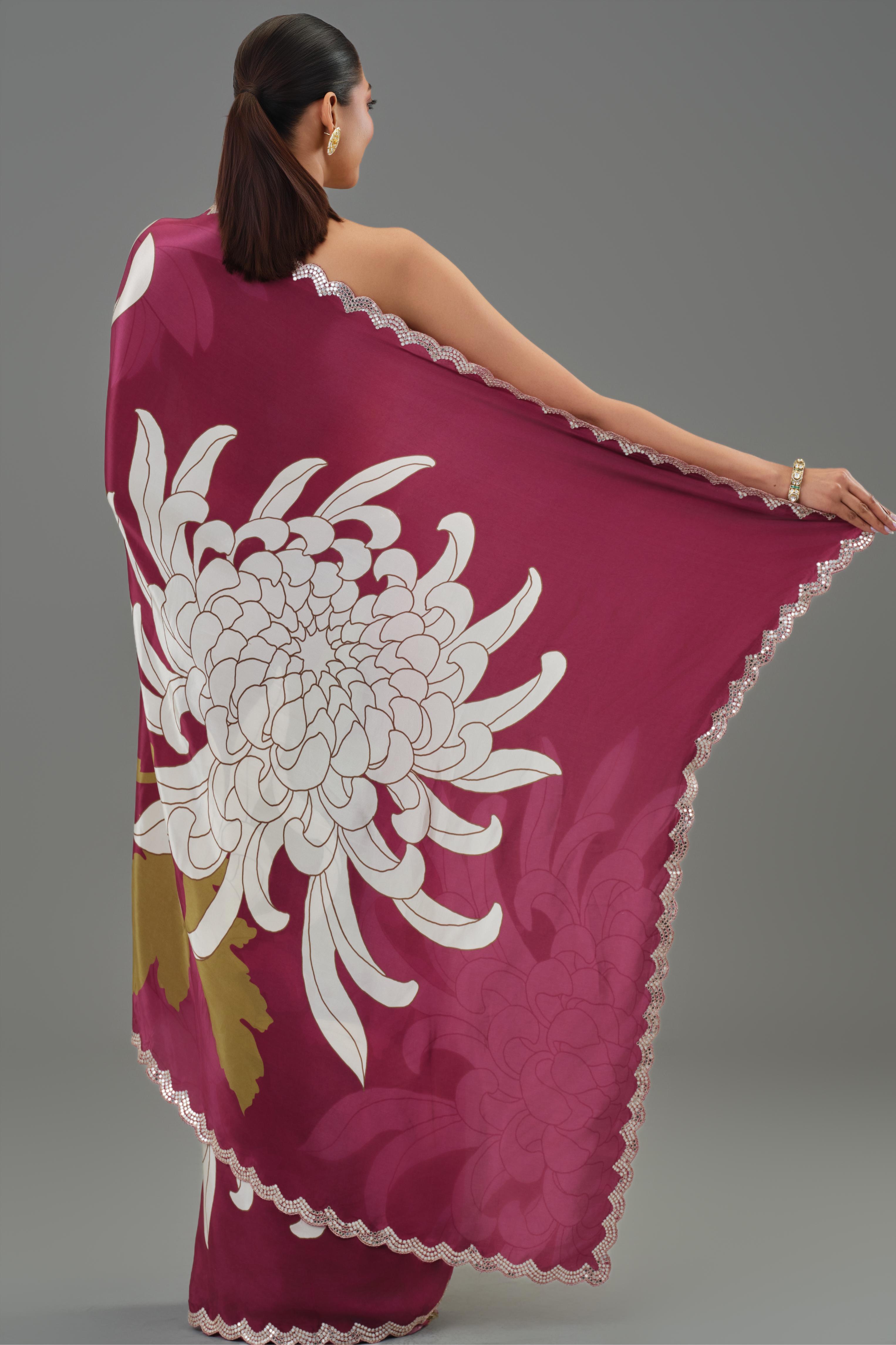 Fine Wine Floral Printed Chinon Silk Saree