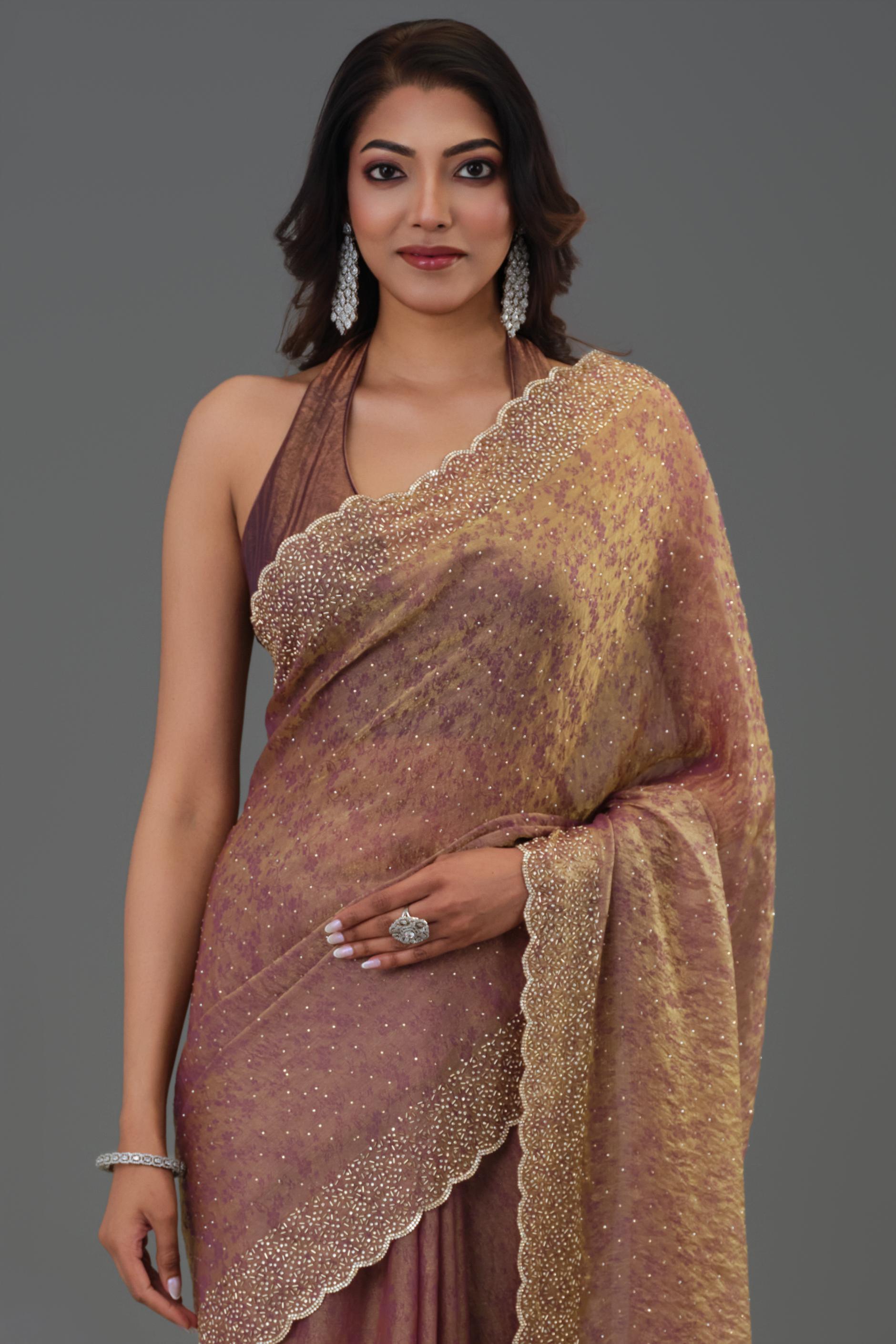 Rose Gold Embellished Cosmo Tissue Silk Saree